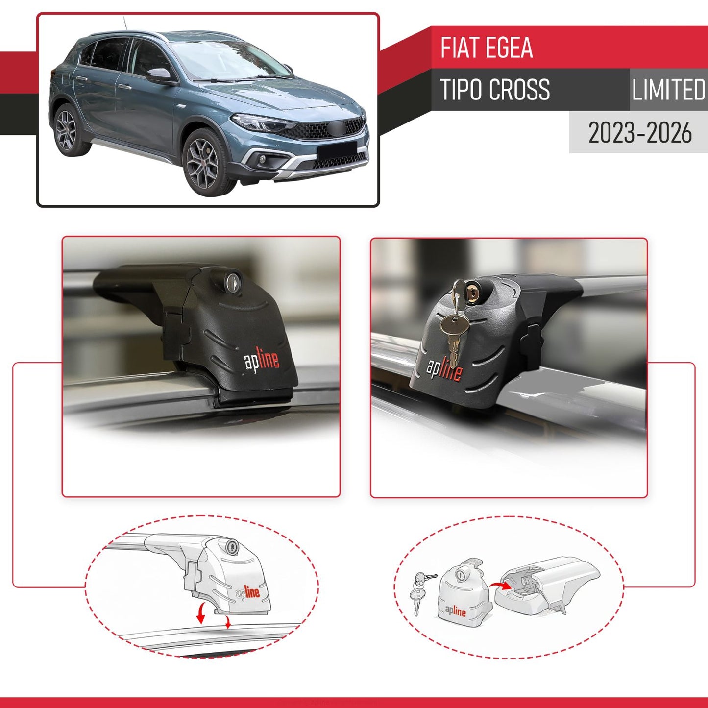 Kompatibel mit Fiat Egea / Tipo Cross (LIMITED) 2023-2025 ACE-2 Relingträger Dachträger Auto Gepäckträger Grau Aluminium 2 Stangen