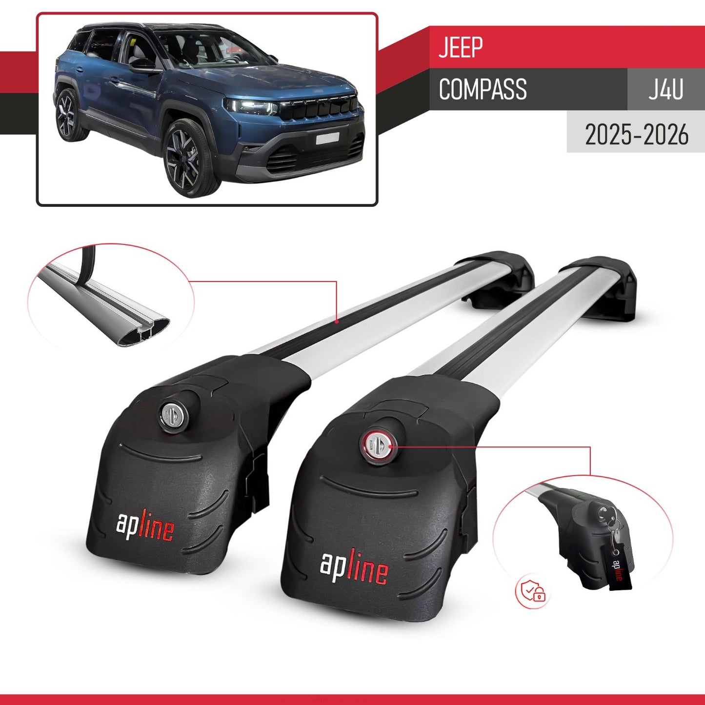 Compatible avec Jeep Compass (J4U) 2025-2026 ACE-2 modèle Barres de Toit Railing Porte-Bagages de Voiture Gris Aluminium Barres