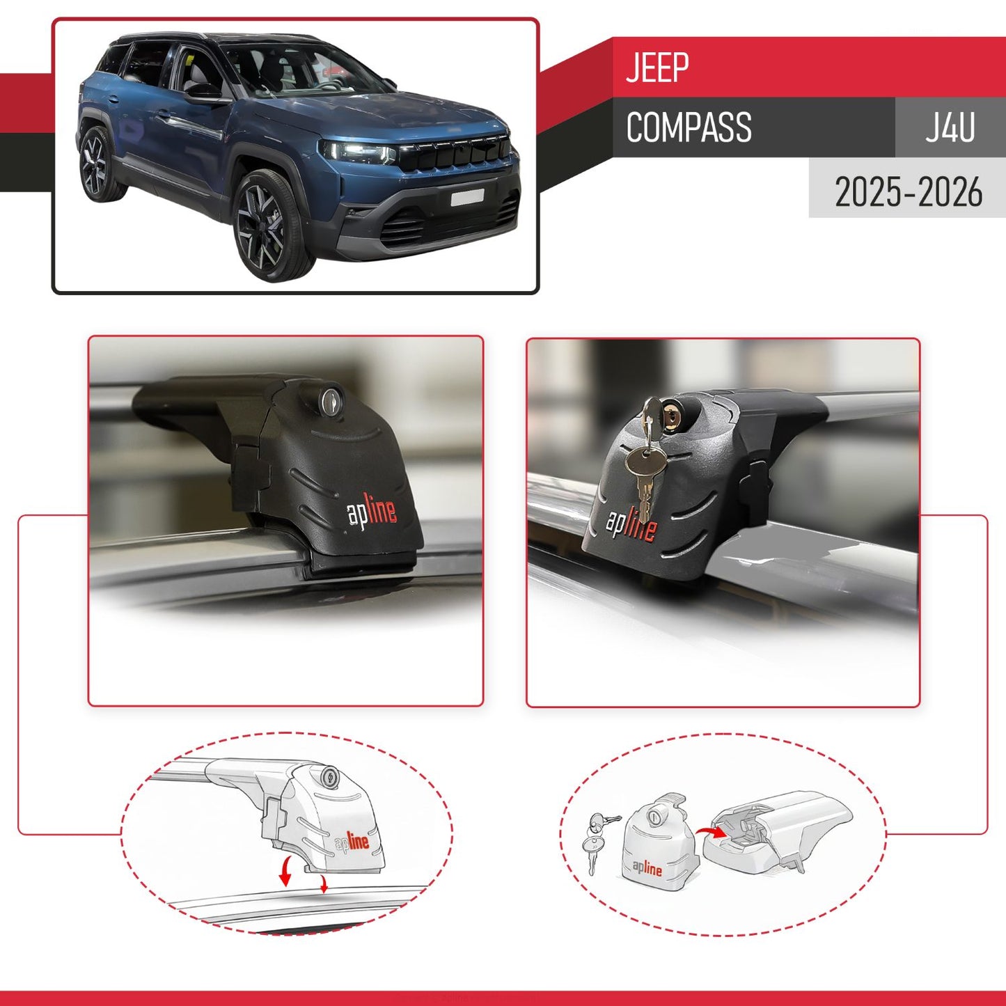 Compatible avec Jeep Compass (J4U) 2025-2026 ACE-2 modèle Barres de Toit Railing Porte-Bagages de Voiture Gris Aluminium Barres