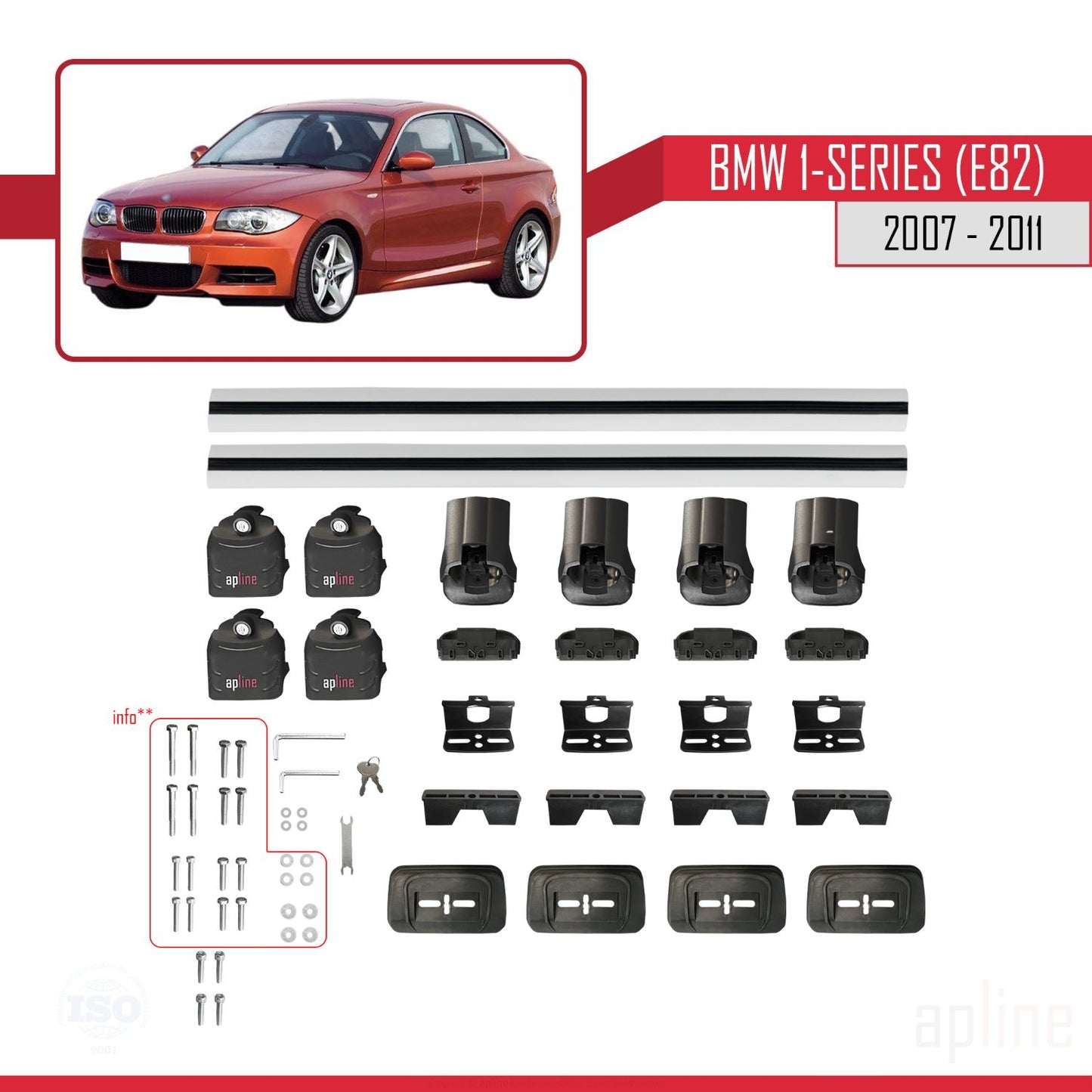 ACE-3 Dakdrager bagagedrager compatibel met BMW Serie 1 (E82) 2007-2013 Spoorstaven Grijs Aluminium 2 Staven