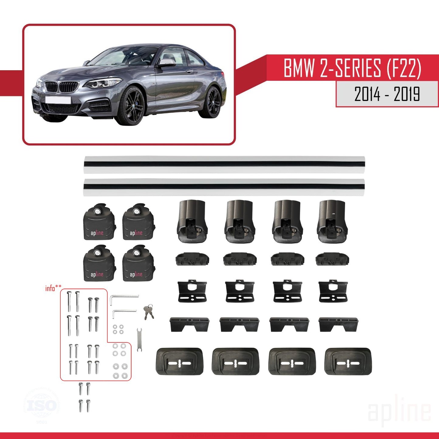 Kompatibel mit BMW 2er Serie (F22) 2014-2019 ACE-3 Relingträger Dachträger Auto Gepäckträger Grau Aluminium 2 Stangen