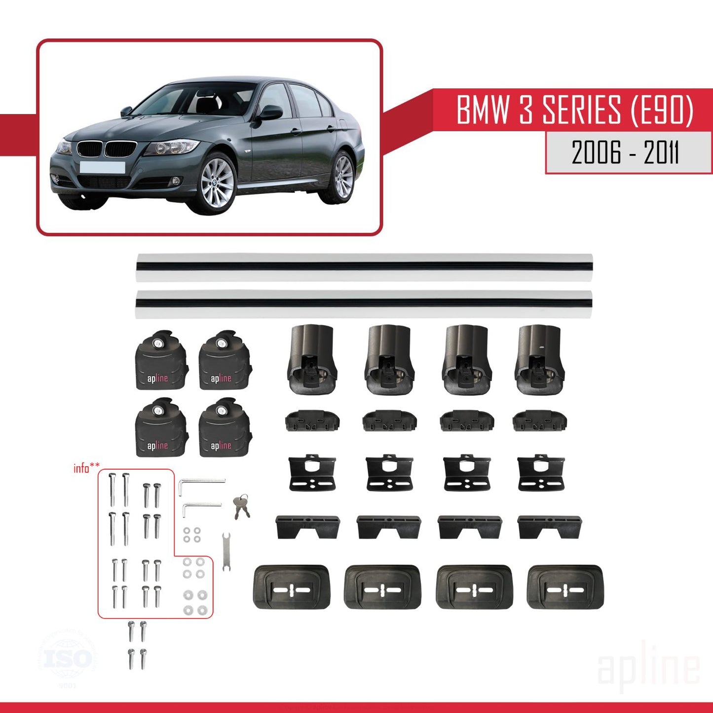 Kompatibel mit BMW 3er Serie (E90) 2006-2011 ACE-3 Relingträger Dachträger Auto Gepäckträger Grau Aluminium 2 Stangen