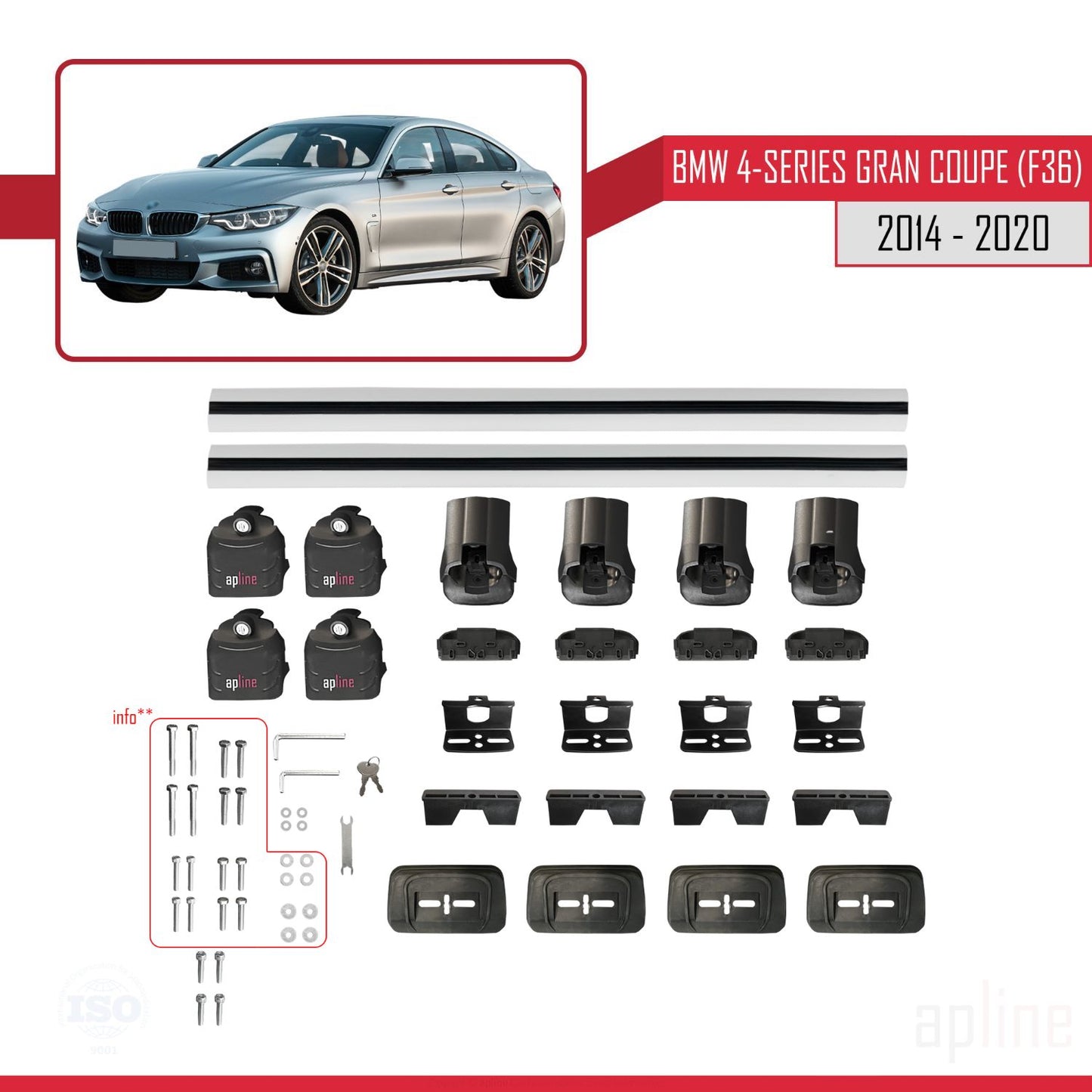 Kompatibel mit BMW 4er Serie Gran Coupe (F36) 2014-2020 ACE-3 Relingträger Dachträger Auto Gepäckträger Grau Aluminium 2 Stangen