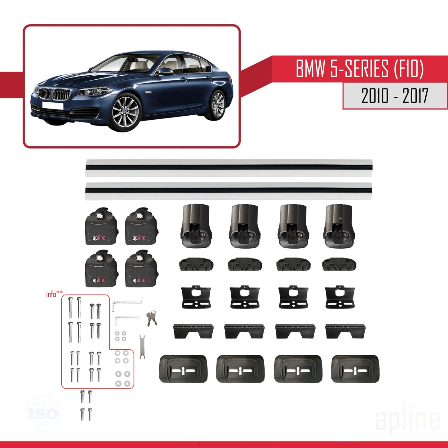 Compatibile con BMW Serie 5 (F10) 2010-2017 ACE-3 Barre Tetto Portapacchi Auto Barre Portatutto Grigo Alluminio 2 Barre