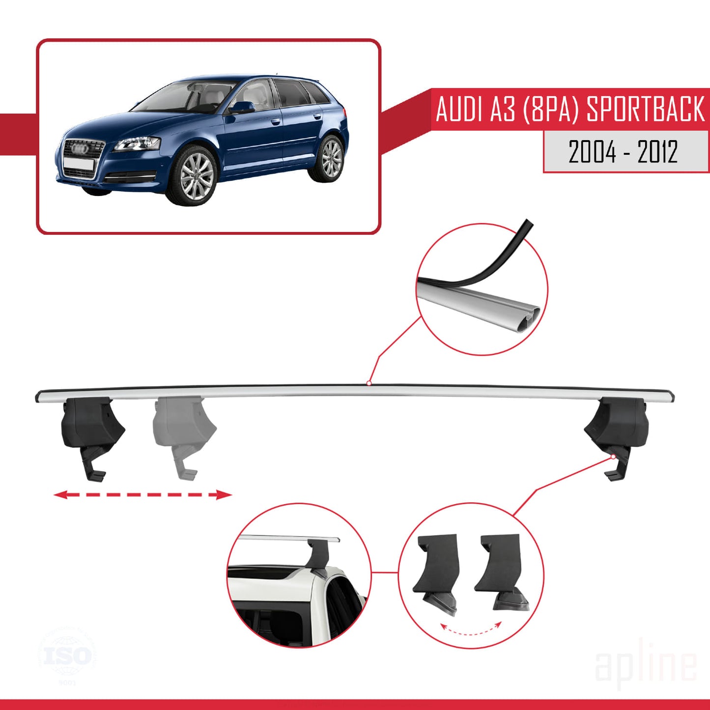 Compatibile con A3 (8PA) Sportback 2004-2012 ACE-4 Barre portatutto per auto Portapacchi Alluminio grigio 2 barre