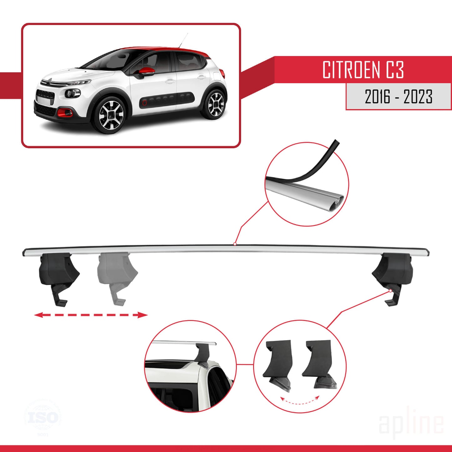Compatible avec Citroen C3 III (SX/SY) 2016-2023 ACE-4 Barres de Toit Railing Porte-Bagages de Voiture Gris Aluminium 2 Barres