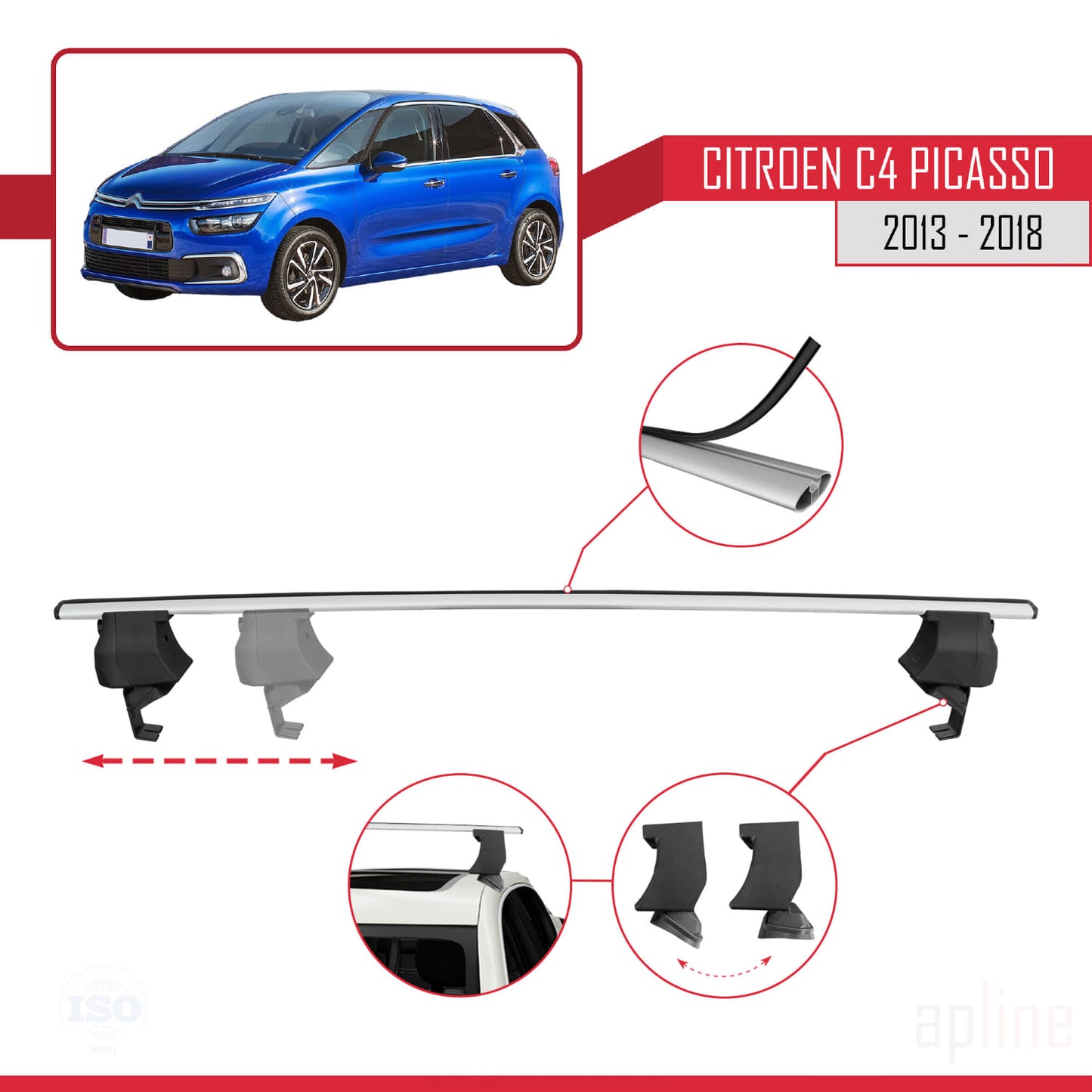 Compatible avec Citroen C4 Picasso 2 2013-2018 ACE-4 Barres de Toit Railing Porte-Bagages de Voiture Gris Aluminium 2 Barres