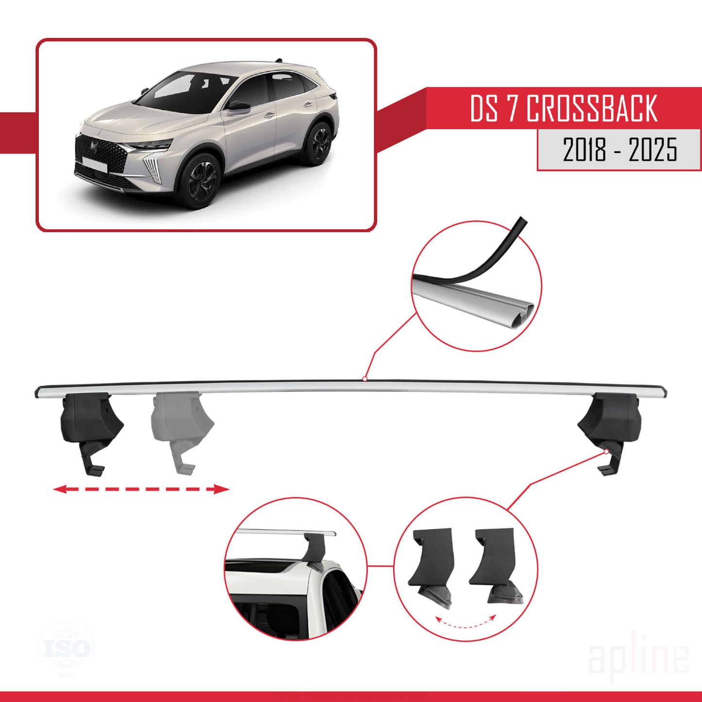 Compatible avec DS 7 Crossback 2018-2025 ACE-4 Barres de Toit Railing Porte-Bagages de Voiture Gris Aluminium 2 Barres