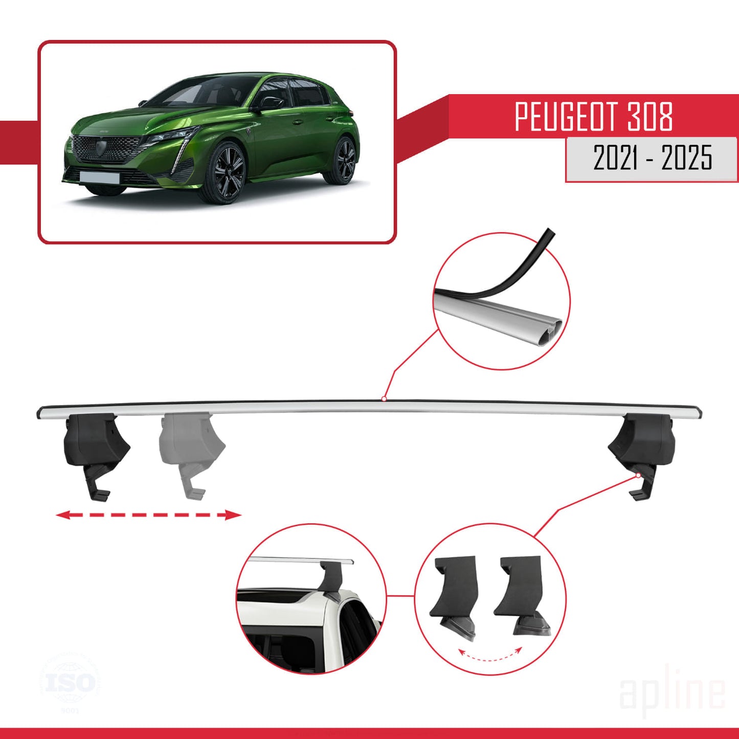 Compatible avec Peugeot 308 III (P5) 2021-2025 ACE-4 Barres de Toit Railing Porte-Bagages de Voiture Gris Aluminium 2 Barres