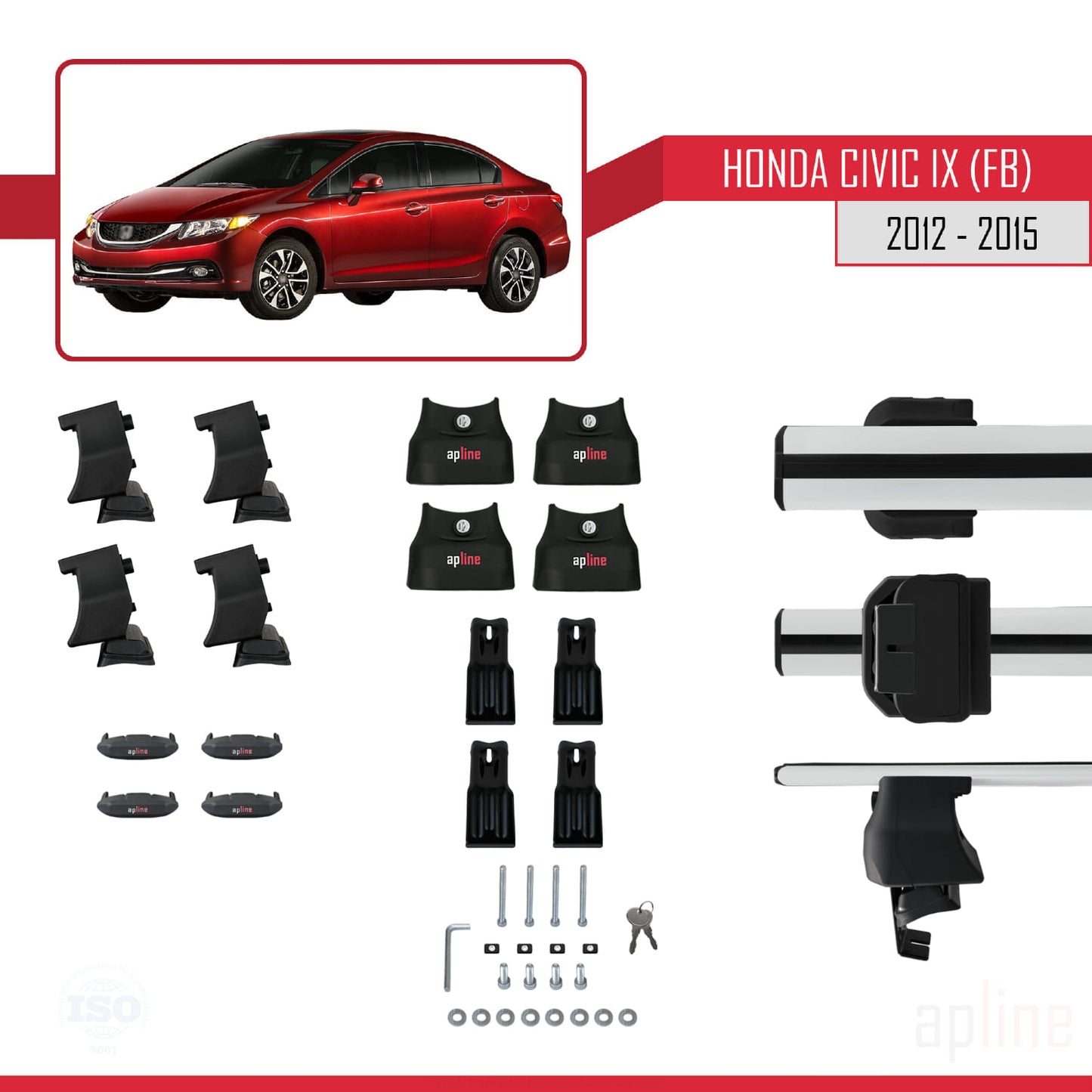 Compatibile con Honda Civic 9 (FB) Berlina 2012-2015 ACE-4 Barre Tetto Portapacchi Auto Barre Portatutto Grigo Alluminio 2 Barre