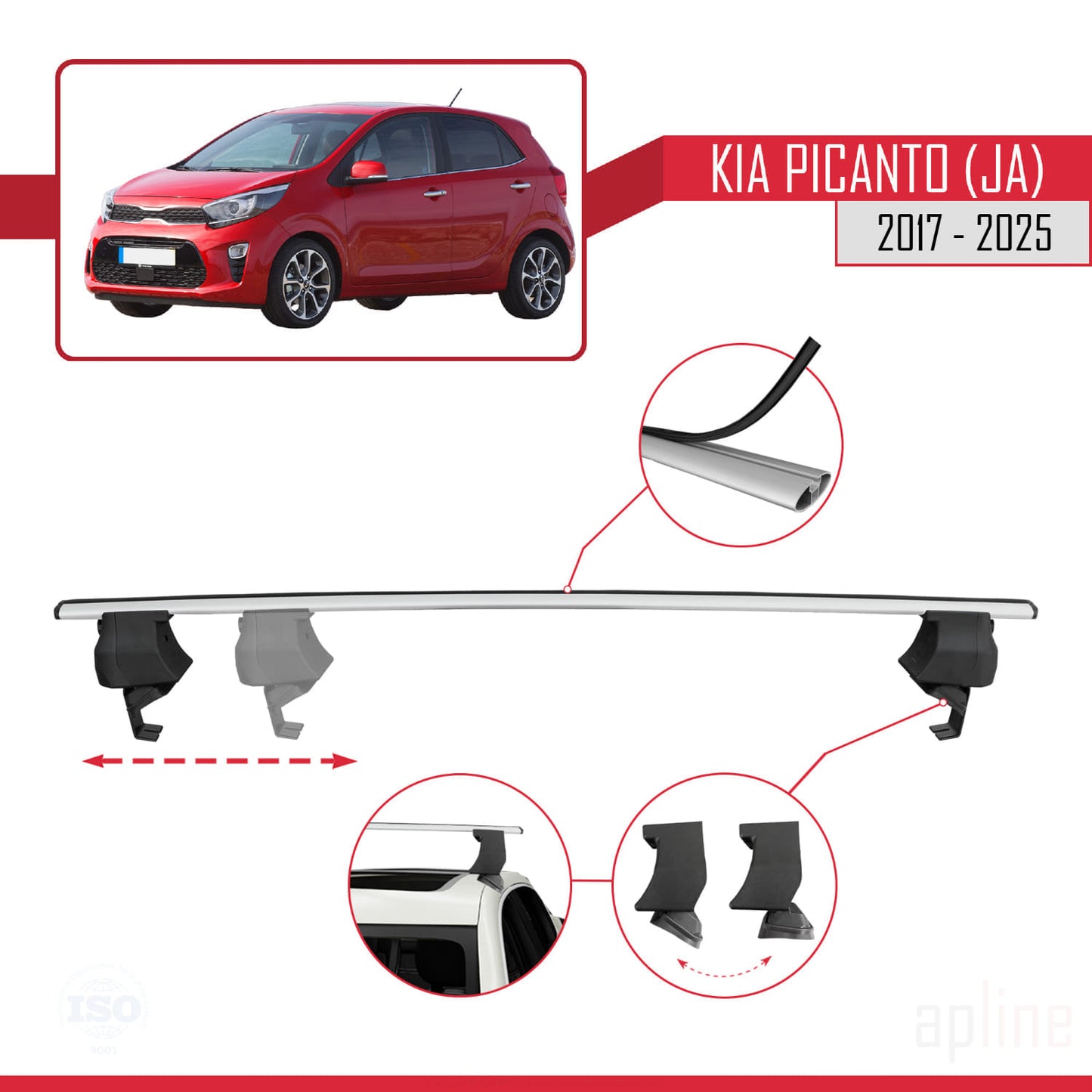 Compatible avec Kia Picanto 3 (JA) 2017-2025 ACE-4 Barres de Toit Railing Porte-Bagages de Voiture Gris Aluminium 2 Barres