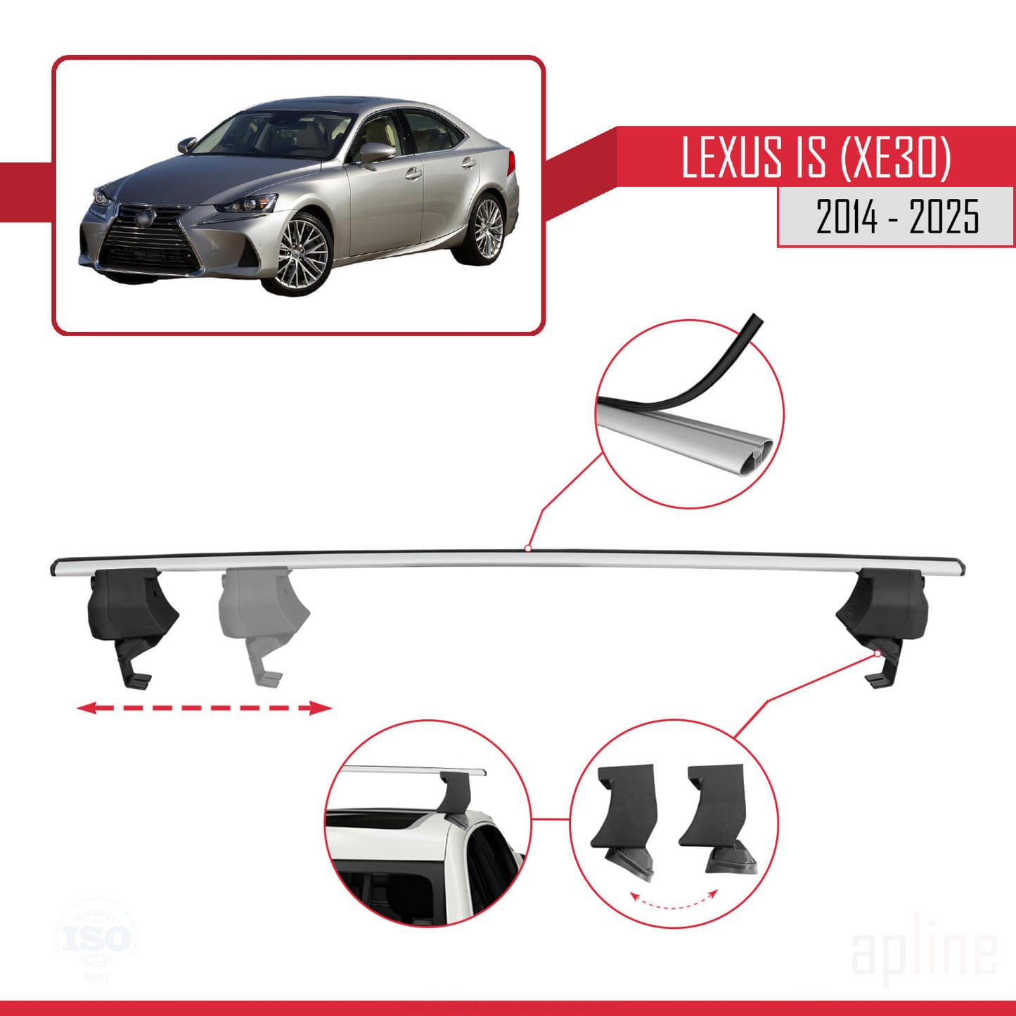 Compatible avec Lexus IS 3 (XE30) 2014-2025 ACE-4 Barres de Toit Railing Porte-Bagages de Voiture Gris Aluminium 2 Barres
