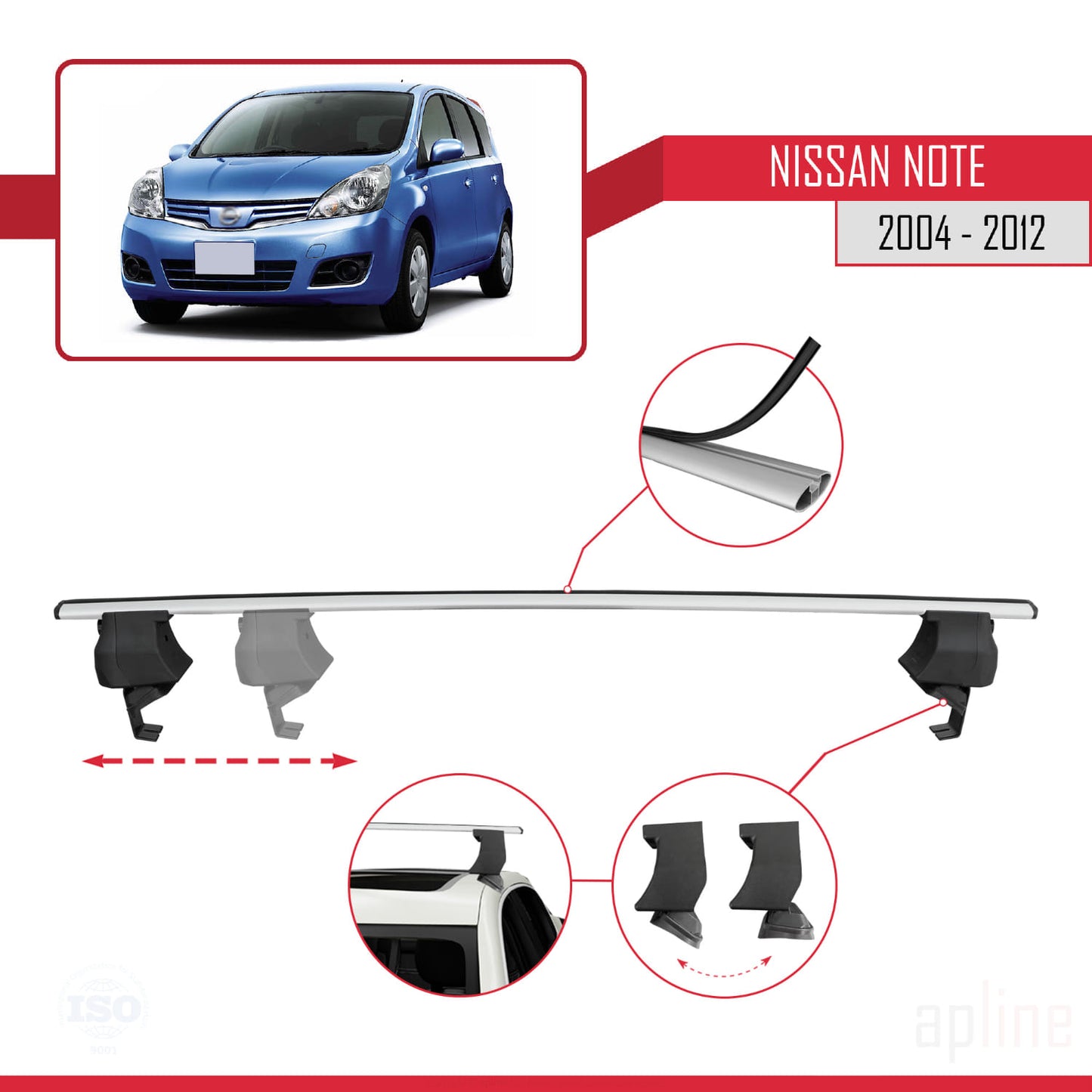 Compatible avec Nissan Note (E11) 2004-2012 ACE-4 Barres de Toit Railing Porte-Bagages de Voiture Gris Aluminium 2 Barres