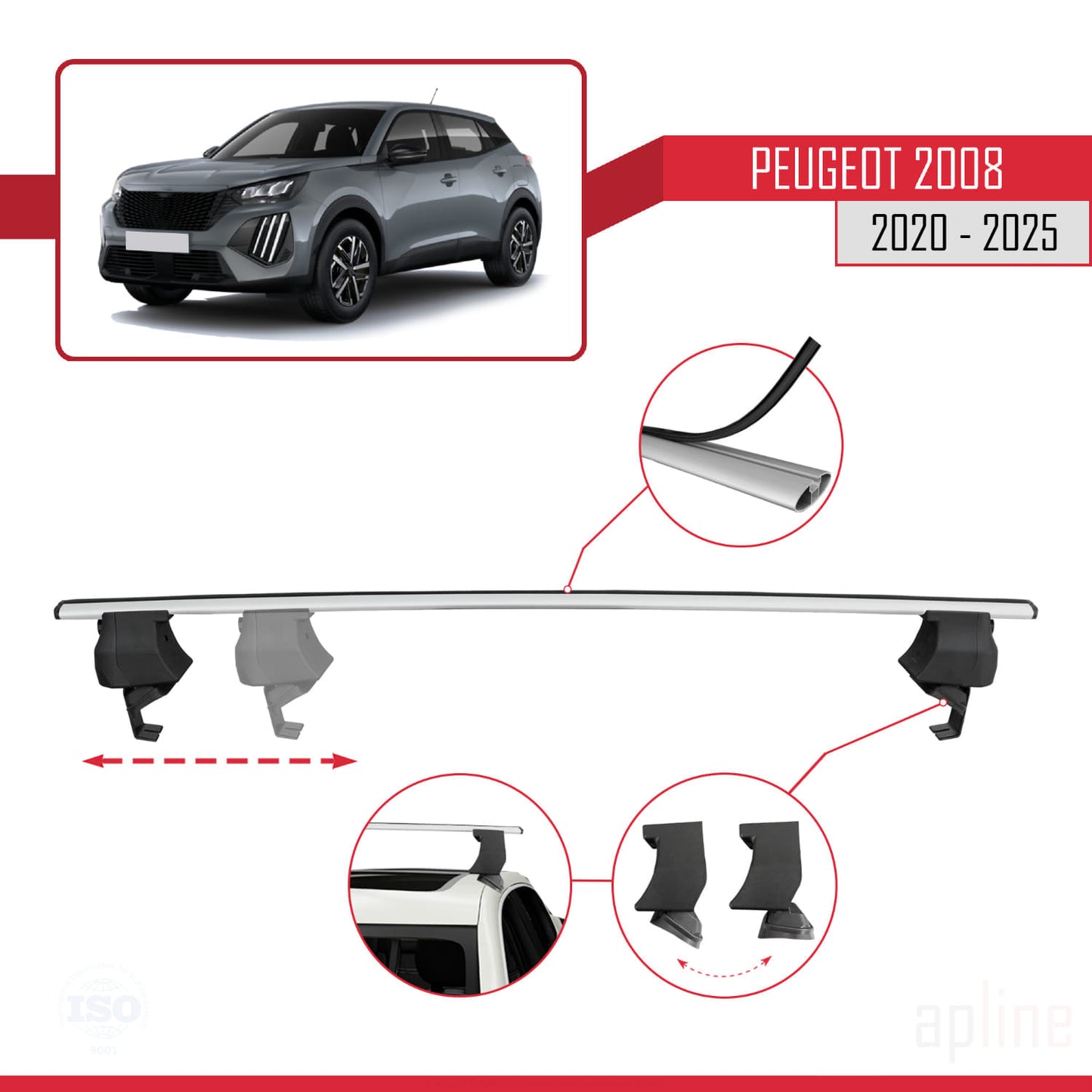 Compatible avec Peugeot 2008 II (P24) 2020-2025 ACE-4 Barres de Toit Railing Porte-Bagages de Voiture Gris Aluminium 2 Barres