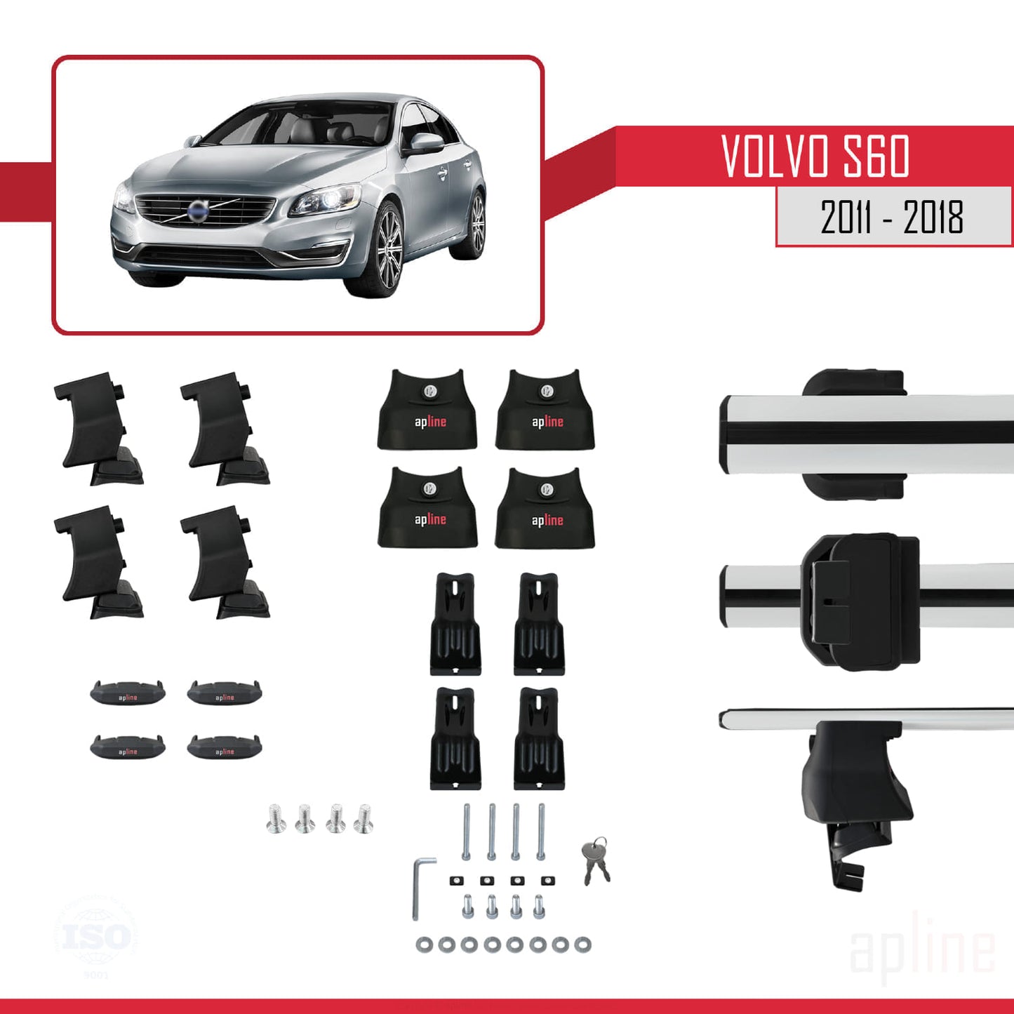 Compatible con Volvo S60 II 2011-2018 ACE-4 Barras de Techo Auto Portaequipajes Barras Transversales Gris Aluminio 2 Barras