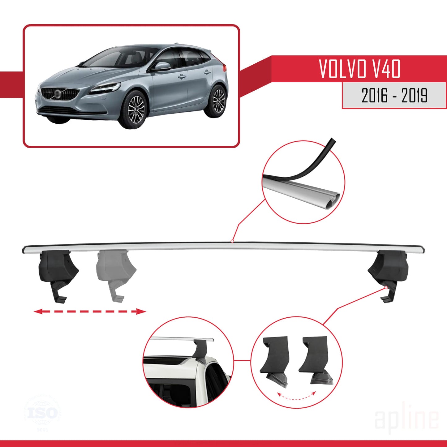 Compatible con Volvo V40 Post-Facelift 2016-2019 ACE-4 Barras de Techo Auto Portaequipajes Barras Transversales Gris Aluminio 2 Barras