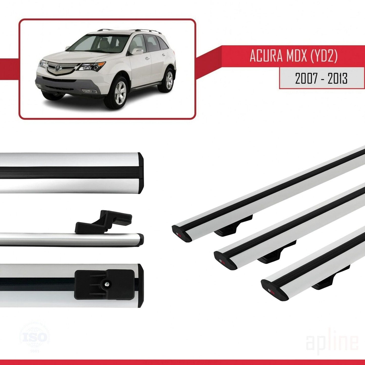 BASIC Model Dakdrager bagagedrager compatibel met Acura MDX (YD2) 2007-2013 Spoorstaven Grijs Aluminium 3 Staven