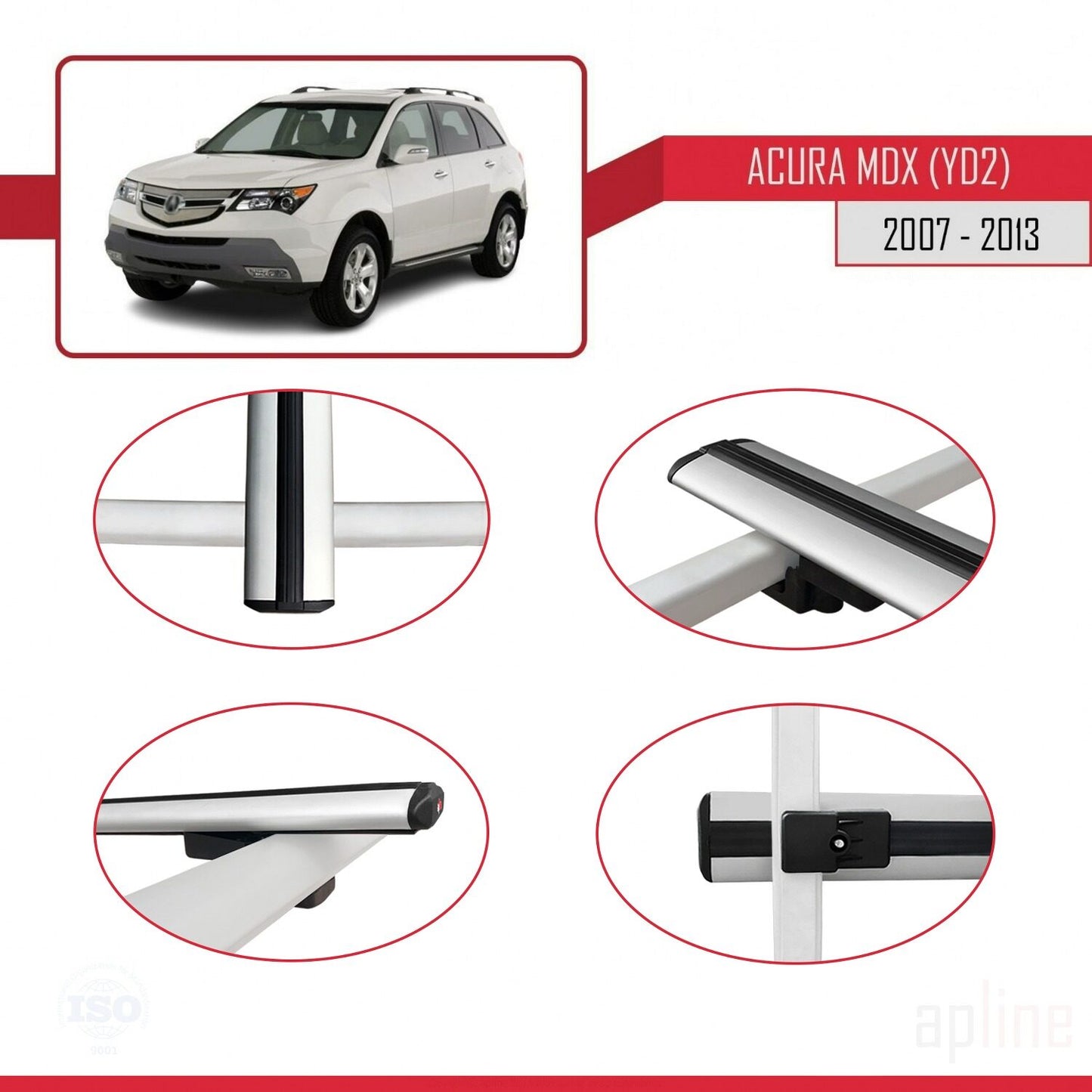 BASIC Model Dakdrager bagagedrager compatibel met Acura MDX (YD2) 2007-2013 Spoorstaven Grijs Aluminium 3 Staven