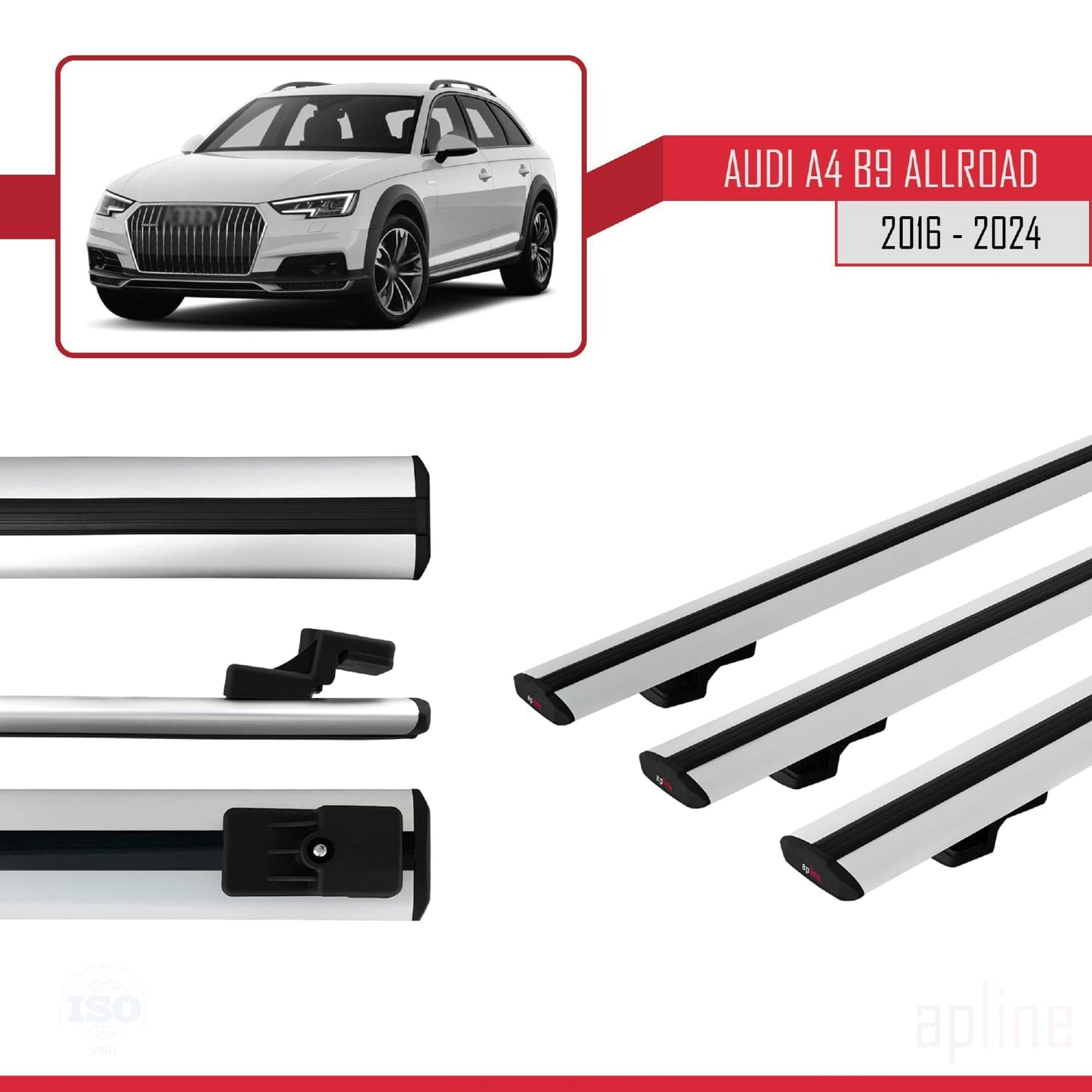 Kompatibel mit A4 (B9) Allroad 2016-2024 BASIC Model Relingträger Dachträger Auto Gepäckträger Grau Aluminium 3 Stangen