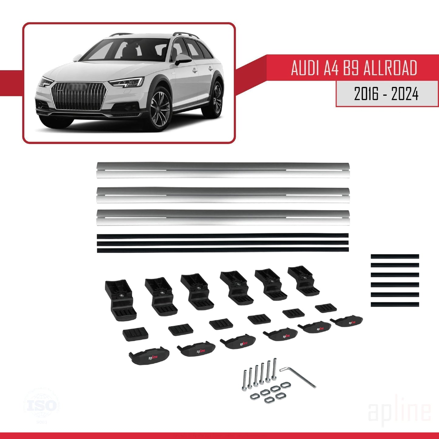 Kompatibel mit A4 (B9) Allroad 2016-2024 BASIC Model Relingträger Dachträger Auto Gepäckträger Grau Aluminium 3 Stangen