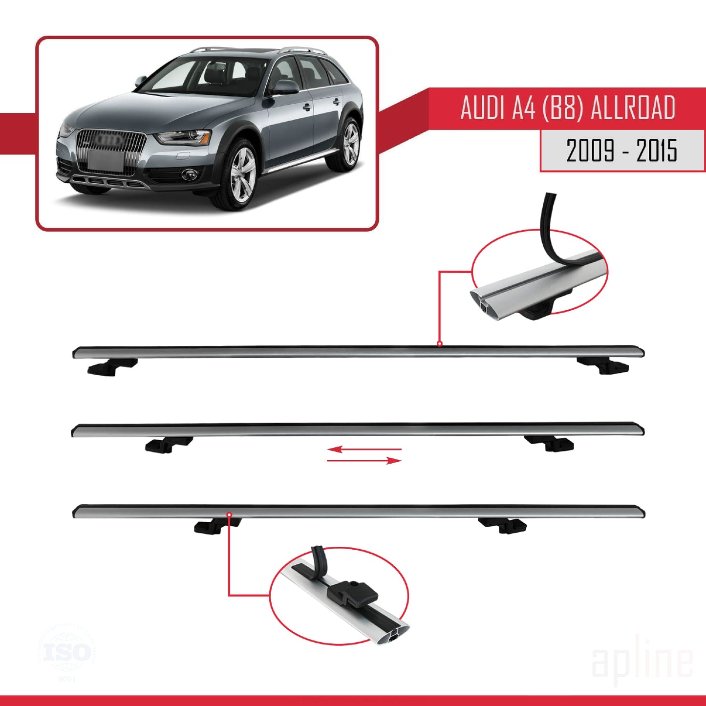 Kompatibel mit A4 (B8) Allroad 2009-2015 BASIC Model Relingträger Dachträger Auto Gepäckträger Grau Aluminium 2 Stangen