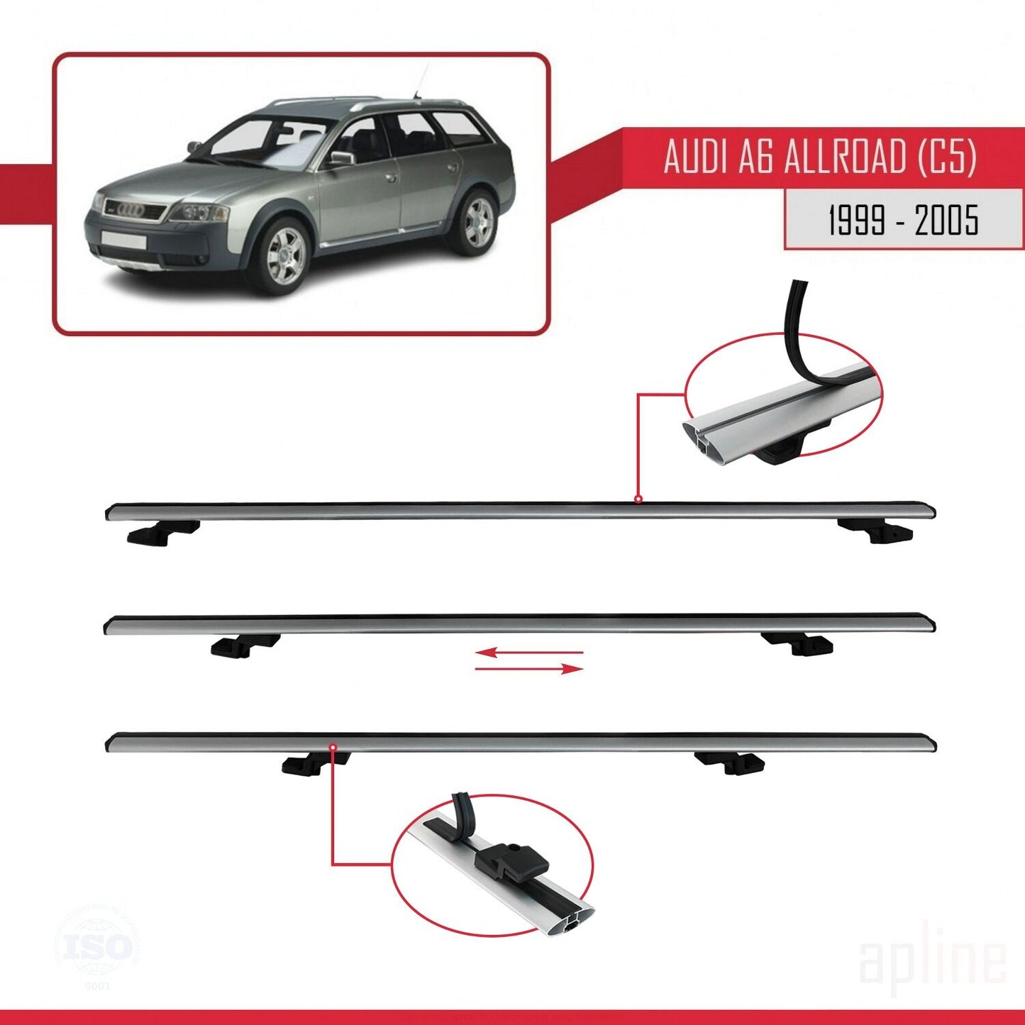 Compatible con A6 (C5) Allroad 1999-2005 BASIC Model Barras de Techo Auto Portaequipajes Barras Transversales Gris Aluminio 3 Barras