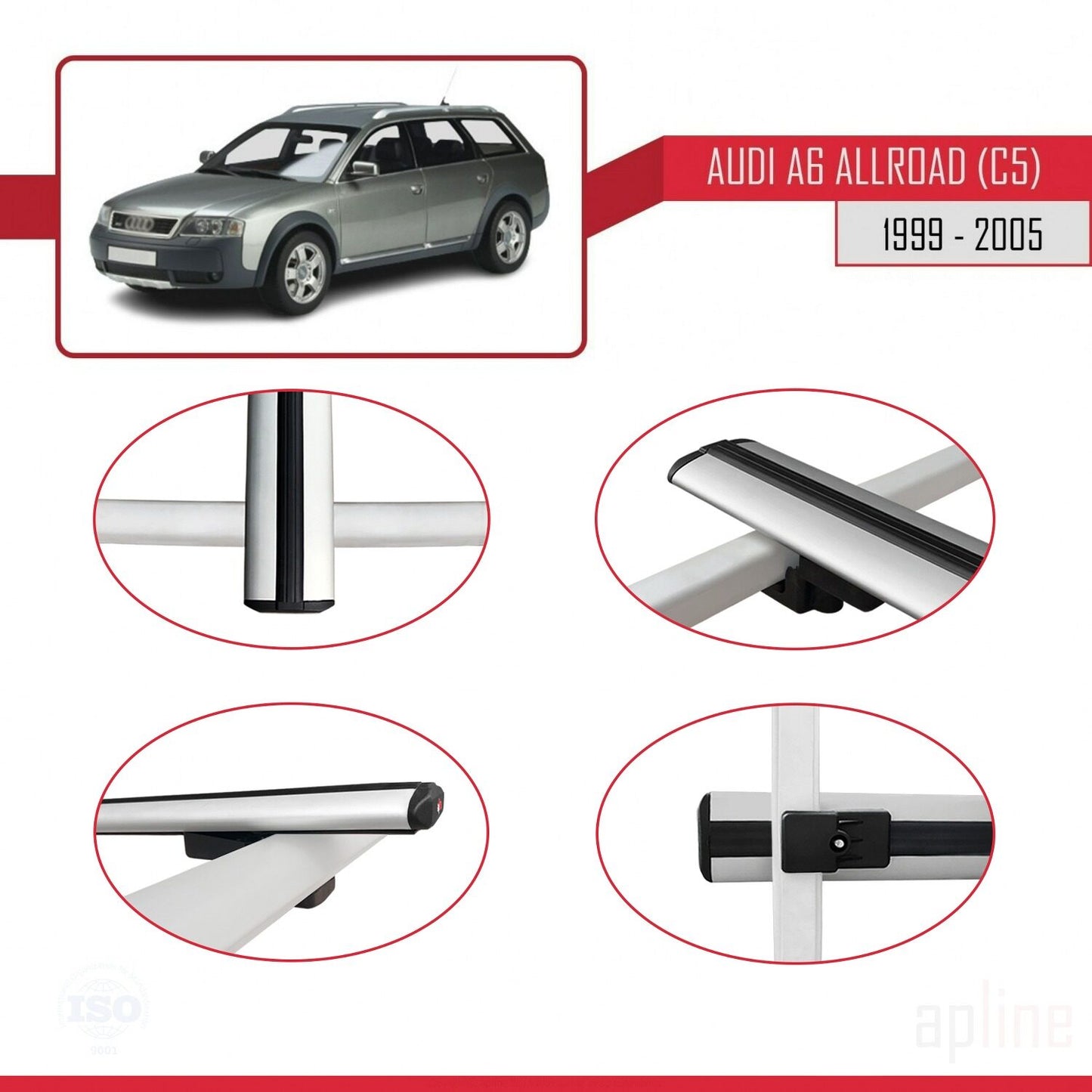 Compatible con A6 (C5) Allroad 1999-2005 BASIC Model Barras de Techo Auto Portaequipajes Barras Transversales Gris Aluminio 2 Barras