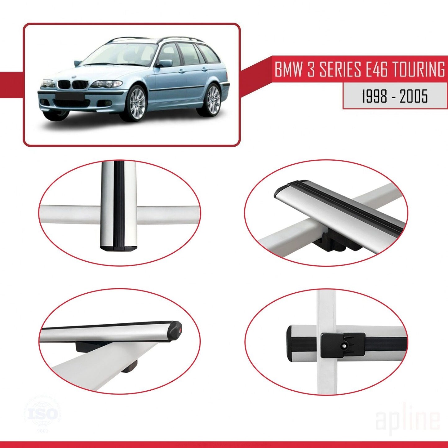BASIC Model Dakdrager bagagedrager compatibel met BMW Serie 3 (E46) Touring 1999-2005 Spoorstaven Grijs Aluminium 2 Staven