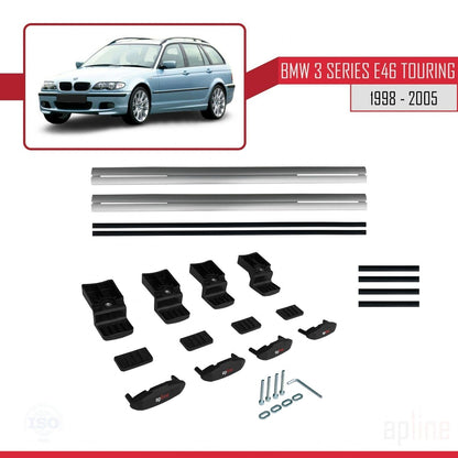 BASIC Model Dakdrager bagagedrager compatibel met BMW Serie 3 (E46) Touring 1999-2005 Spoorstaven Grijs Aluminium 2 Staven