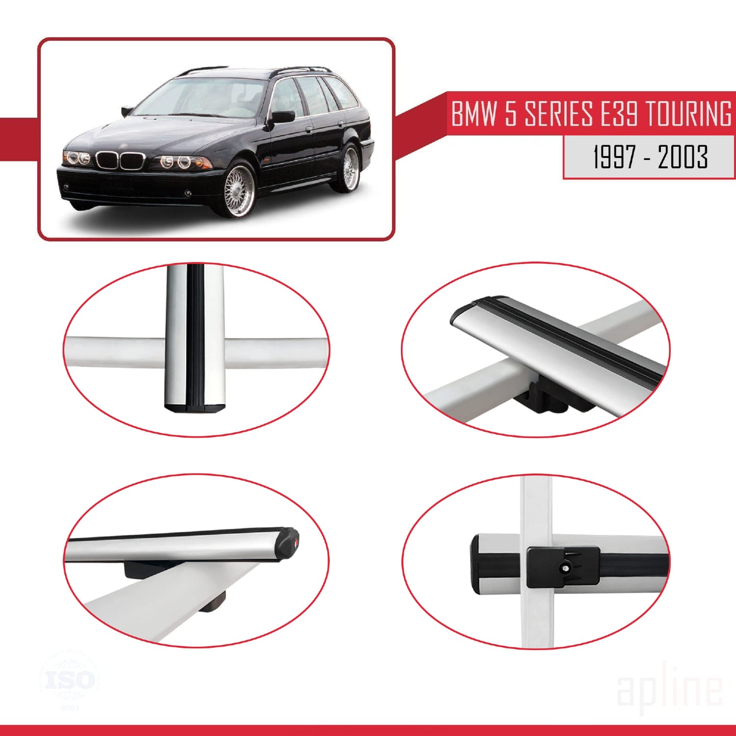 BASIC Model Dakdrager bagagedrager compatibel met BMW Serie 5 (E39) Touring 1997-2003 Spoorstaven Grijs Aluminium 2 Staven