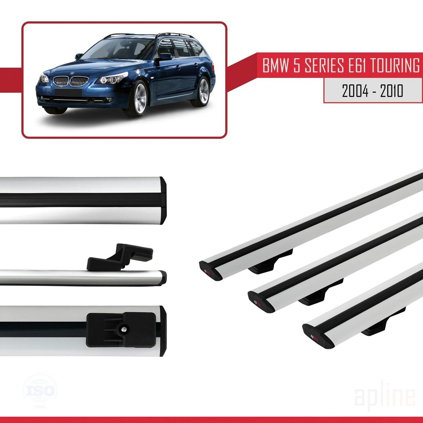 Compatible avec BMW Série 5 (E61) Touring 2004-2010 BASIC Model Barres de Toit Railing Porte-Bagages de Voiture Gris Aluminium 3 Barres