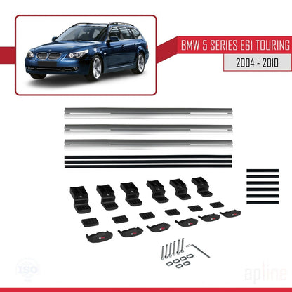 Compatible avec BMW Série 5 (E61) Touring 2004-2010 BASIC Model Barres de Toit Railing Porte-Bagages de Voiture Gris Aluminium 3 Barres