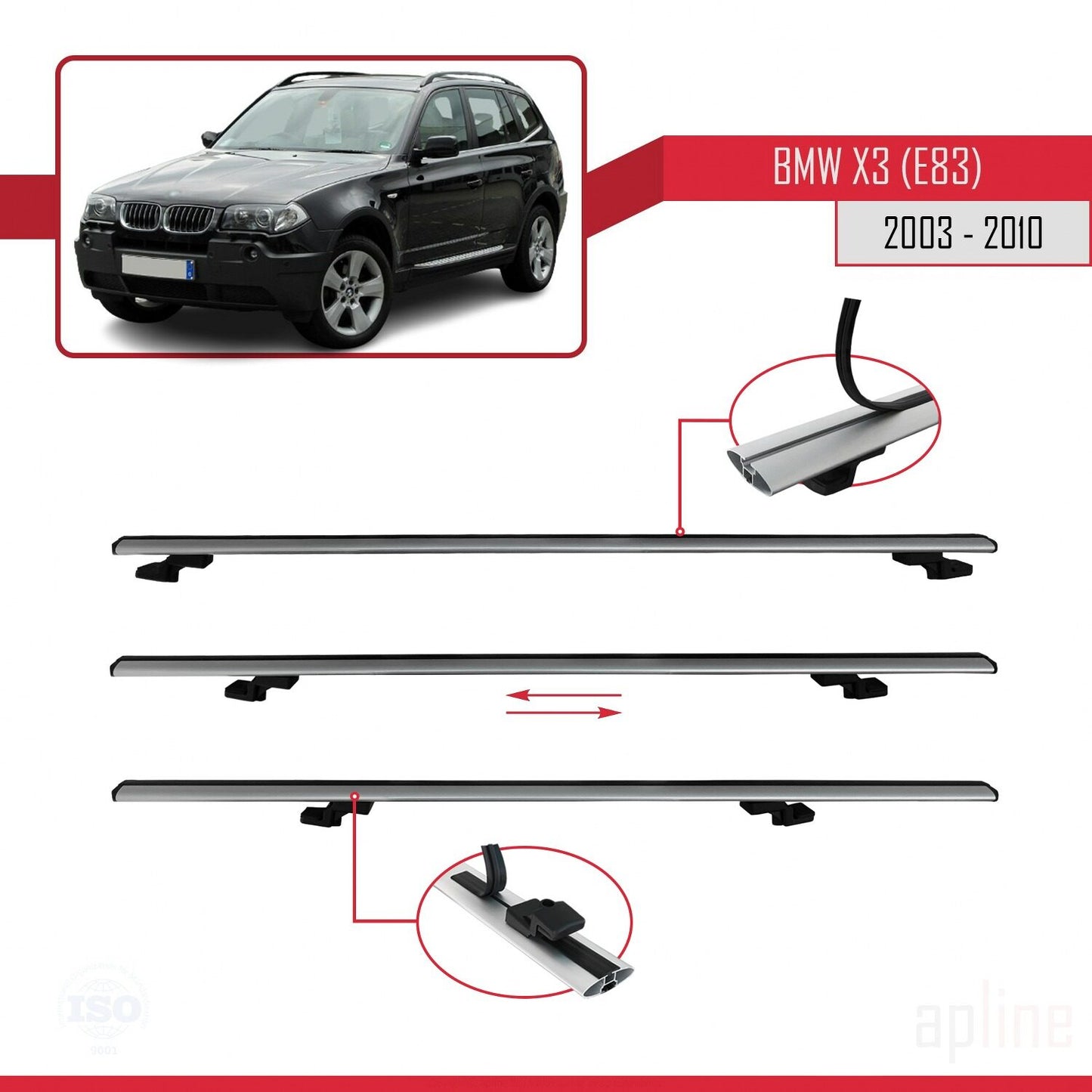 Compatible avec BMW X3 (E83) 2003-2010 BASIC Model Barres de Toit Railing Porte-Bagages de Voiture Gris Aluminium 2 Barres