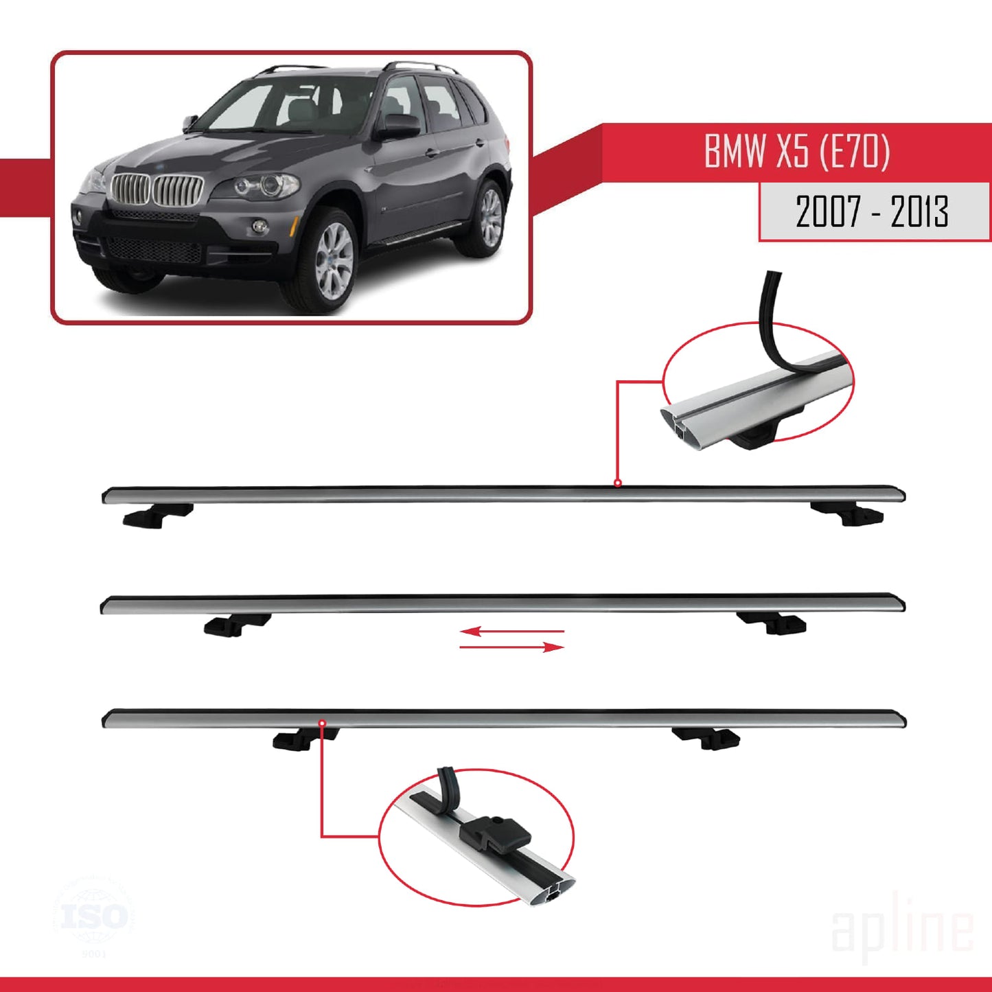 Compatible avec BMW X5 (E70) 2007-2013 BASIC Model Barres de Toit Railing Porte-Bagages de Voiture Gris Aluminium 3 Barres