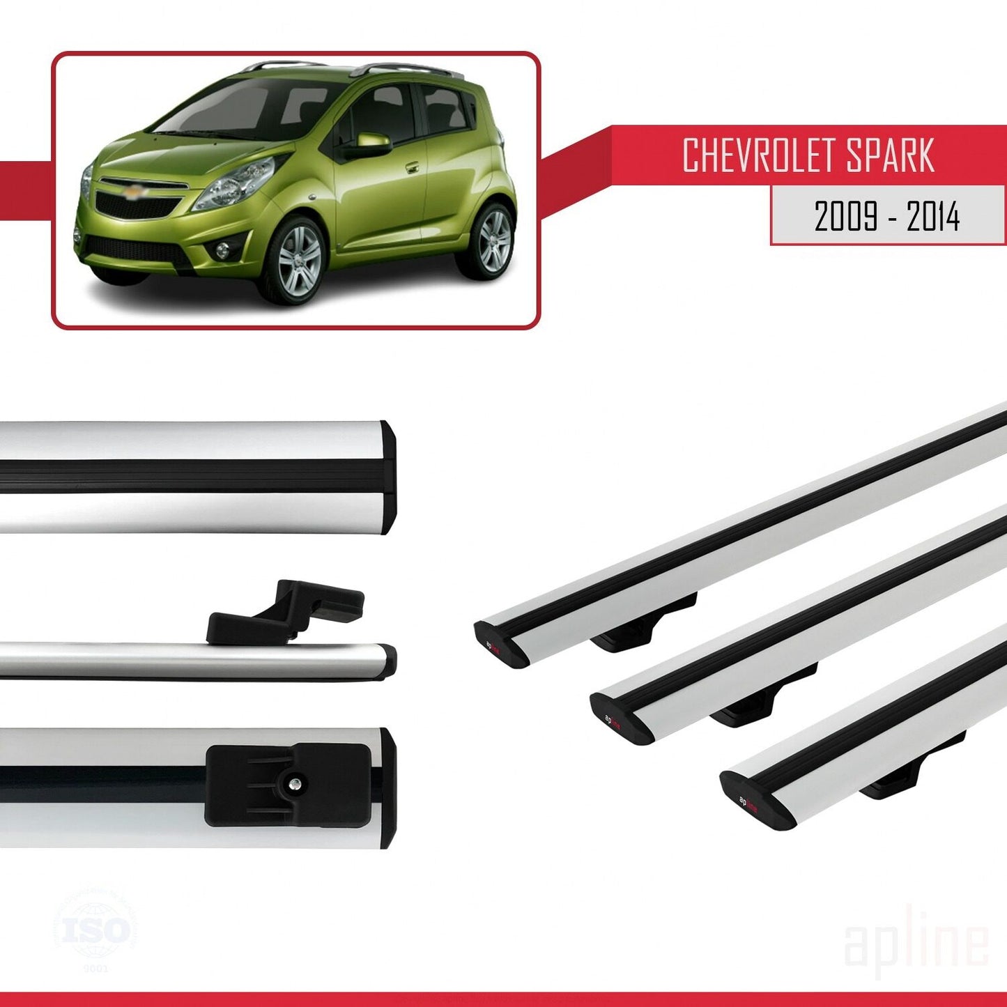 Compatible avec Chevrolet Spark (M300) 2009-2014 BASIC Model Barres de Toit Railing Porte-Bagages de Voiture Gris Aluminium 3 Barres