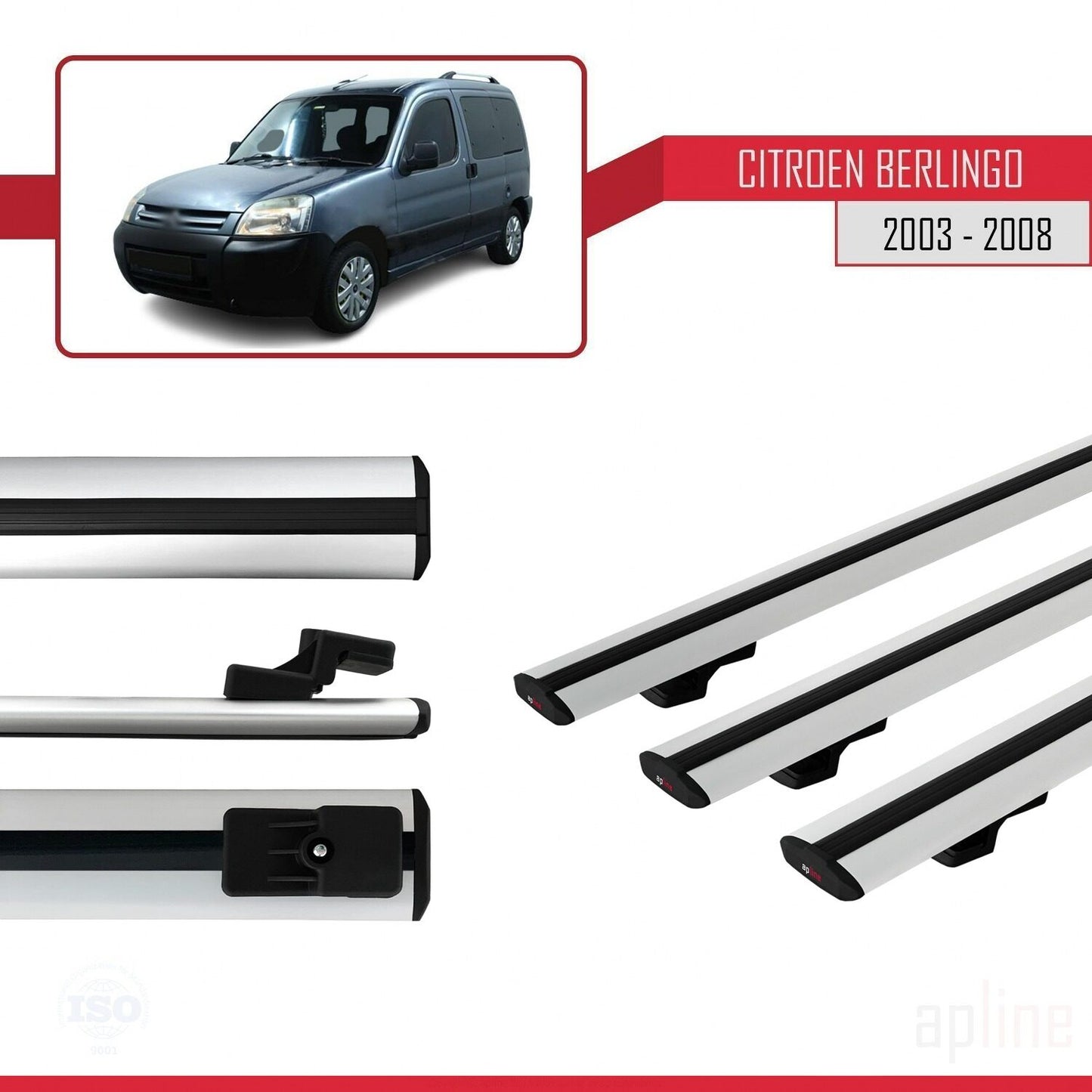 Compatible avec Citroen Berlingo (M59) 2003-2008 BASIC Model Barres de Toit Railing Porte-Bagages de Voiture Gris Aluminium 3 Barres