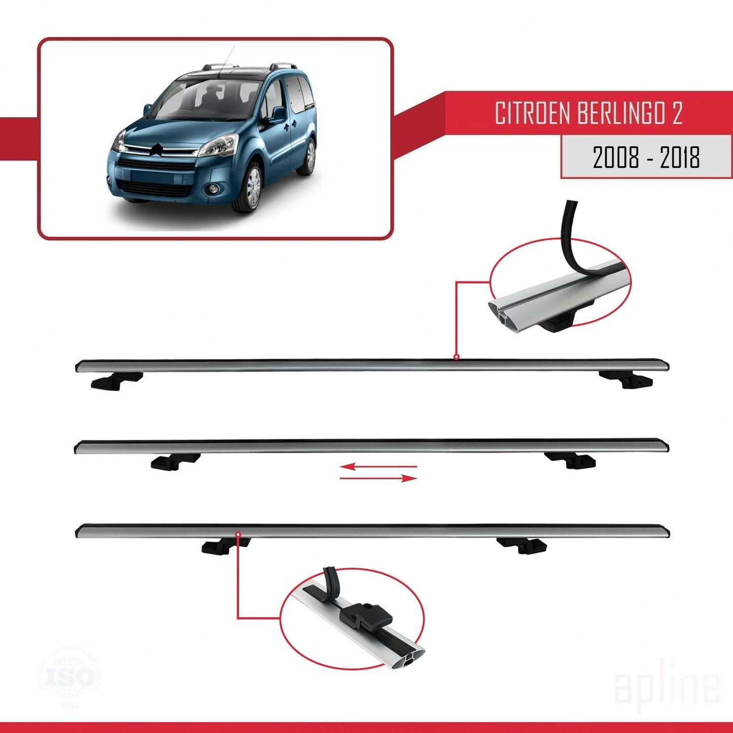 Compatibile con Citroen Berlingo 2 (B9) 2008-2018 modello BASIC Barre portatutto per auto Portapacchi in alluminio grigio 3 barre