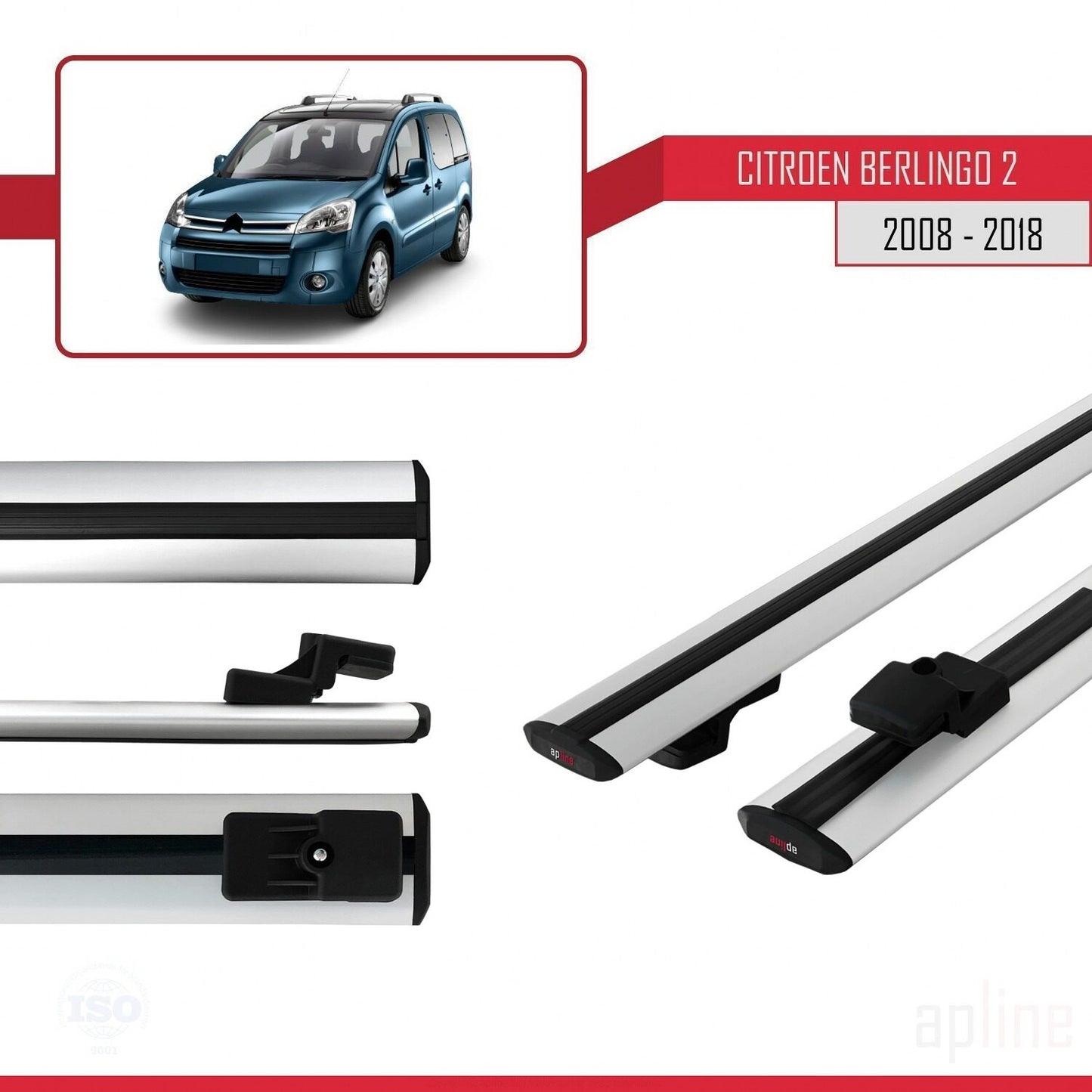 Compatible avec Citroen Berlingo 2 (B9) 2008-2018 BASIC Model Barres de Toit Railing Porte-Bagages de Voiture Gris Aluminium 2 Barres