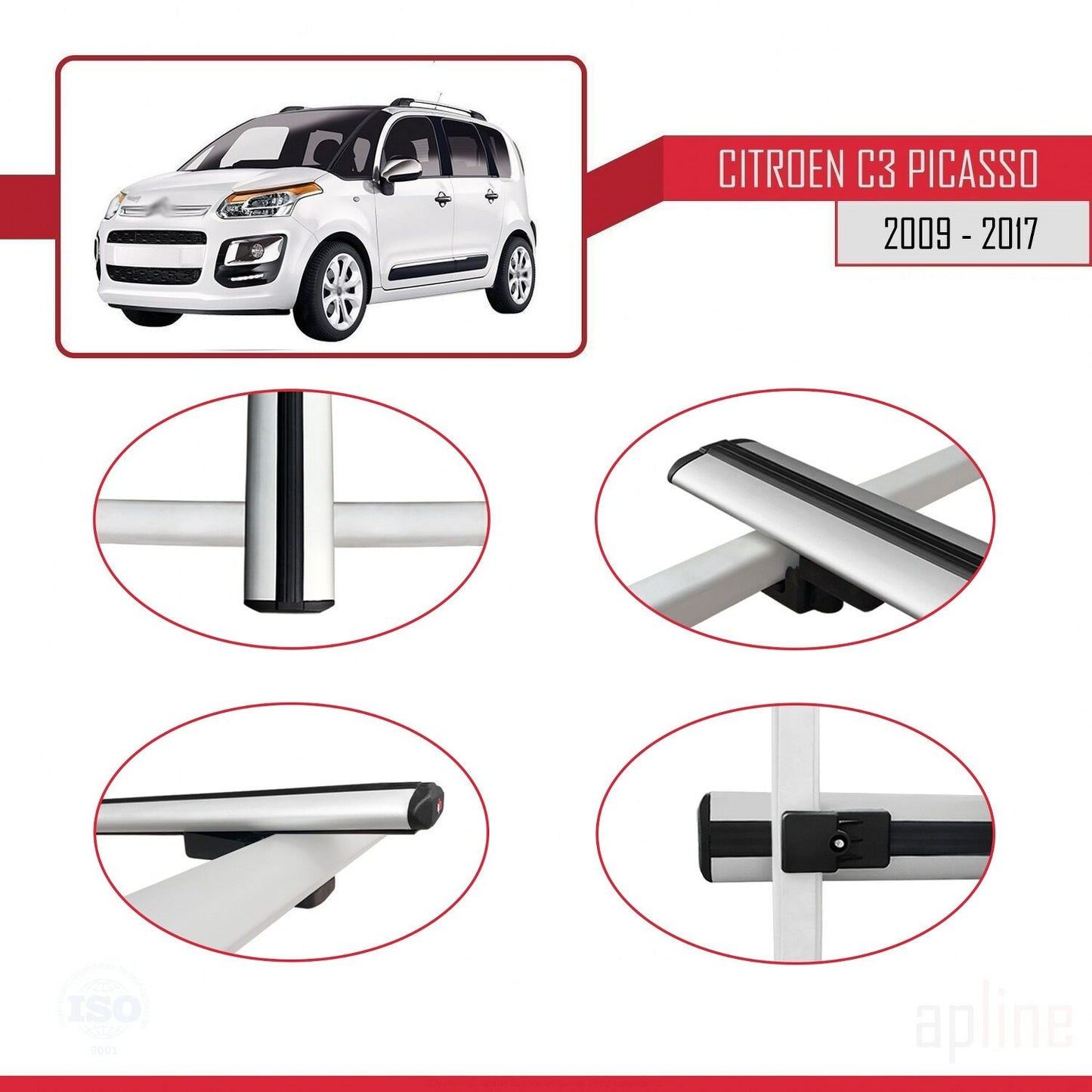 Compatibile con Citroen C3 Picasso 2009-2017 BASIC Model Barre Tetto Portapacchi Auto Barre Portatutto Grigo Alluminio 3 Barre