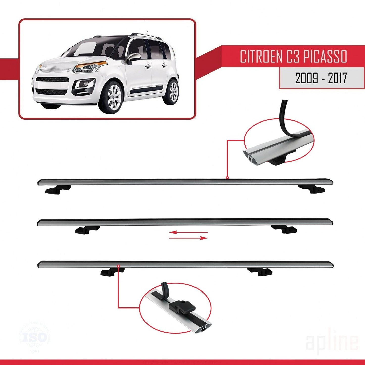 Compatibile con Citroen C3 Picasso 2009-2017 BASIC Model Barre Tetto Portapacchi Auto Barre Portatutto Grigo Alluminio 3 Barre