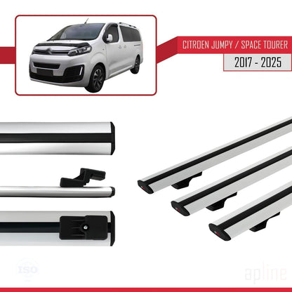 Kompatibel mit Citroen Jumpy 3 (K0) Space Tourer 2017-2025 BASIC Model Relingträger Dachträger Auto Gepäckträger Grau Aluminium 3 Stangen