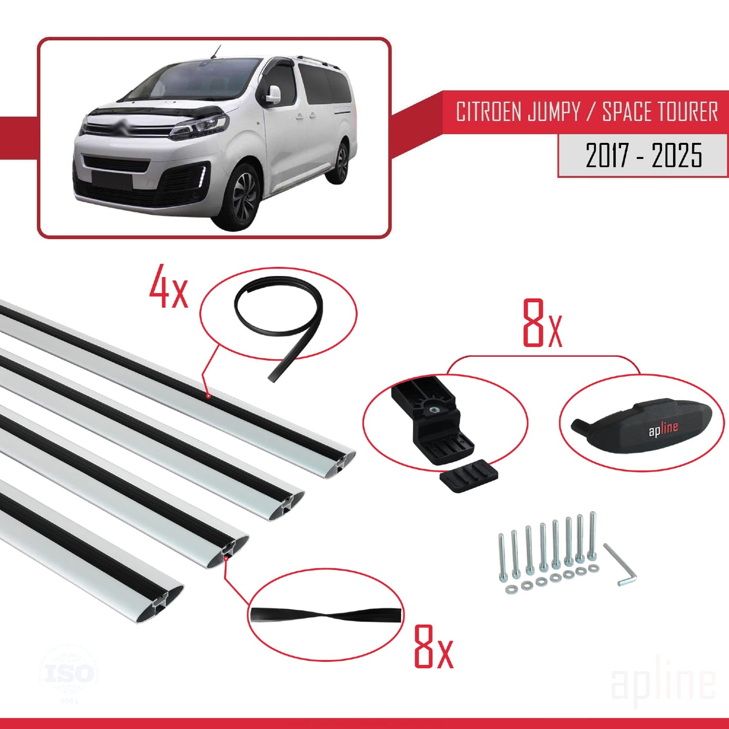 Compatible avec Citroen Jumpy 3 (K0) Space Tourer 2017-2025 BASIC Model Barres de Toit Railing Porte-Bagages de Voiture Gris Aluminium 4 Barres