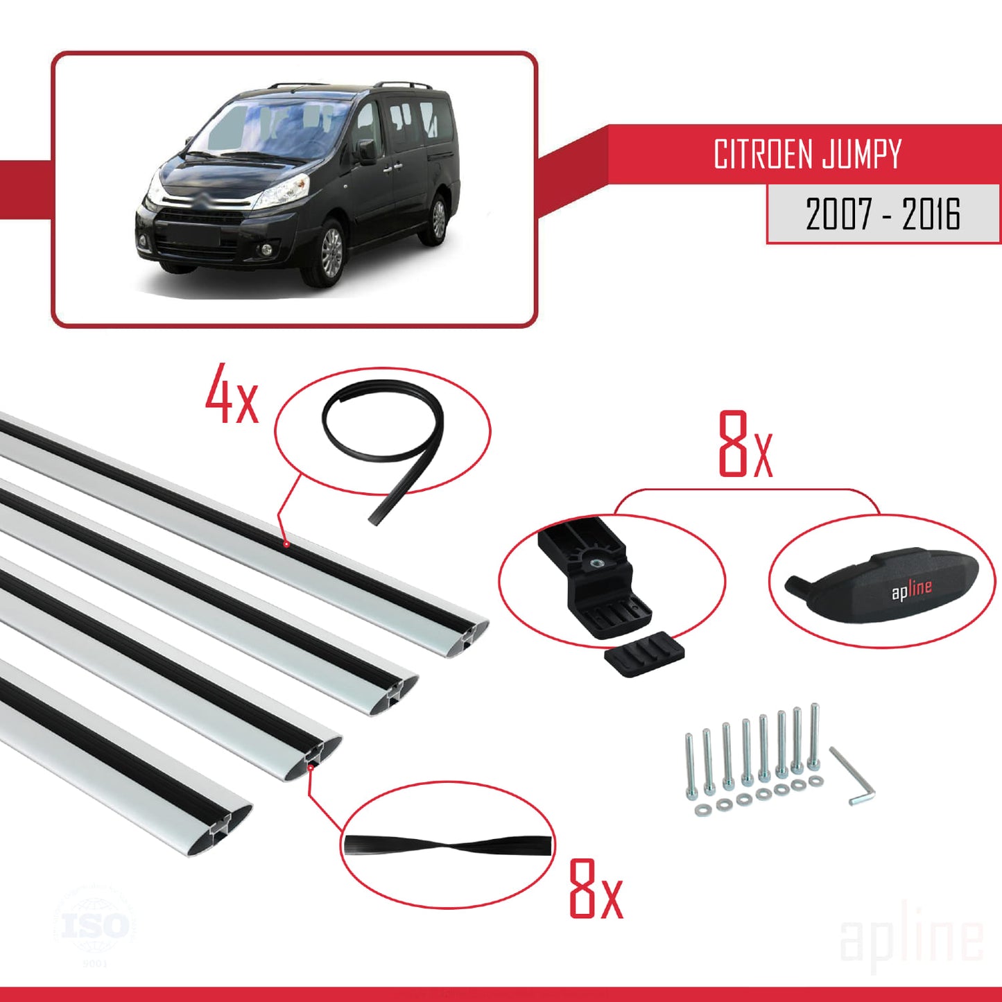 Compatible avec Citroen Jumpy 2 (G9) 2007-2016 BASIC Model Barres de Toit Railing Porte-Bagages de Voiture Gris Aluminium 4 Barres
