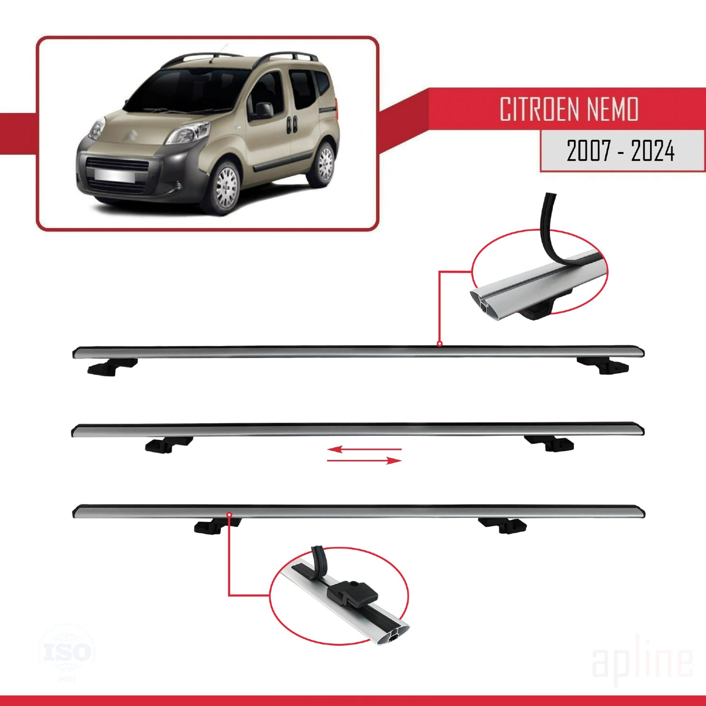 Compatible avec Citroen Nemo 3 (225) 2007-2024 BASIC Model Barres de Toit Railing Porte-Bagages de Voiture Gris Aluminium 3 Barres