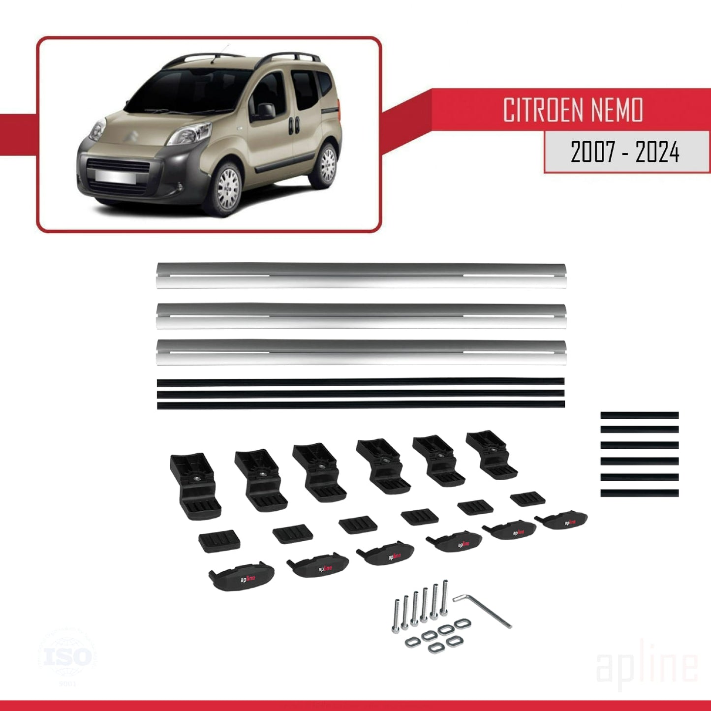 Compatible avec Citroen Nemo 3 (225) 2007-2024 BASIC Model Barres de Toit Railing Porte-Bagages de Voiture Gris Aluminium 3 Barres