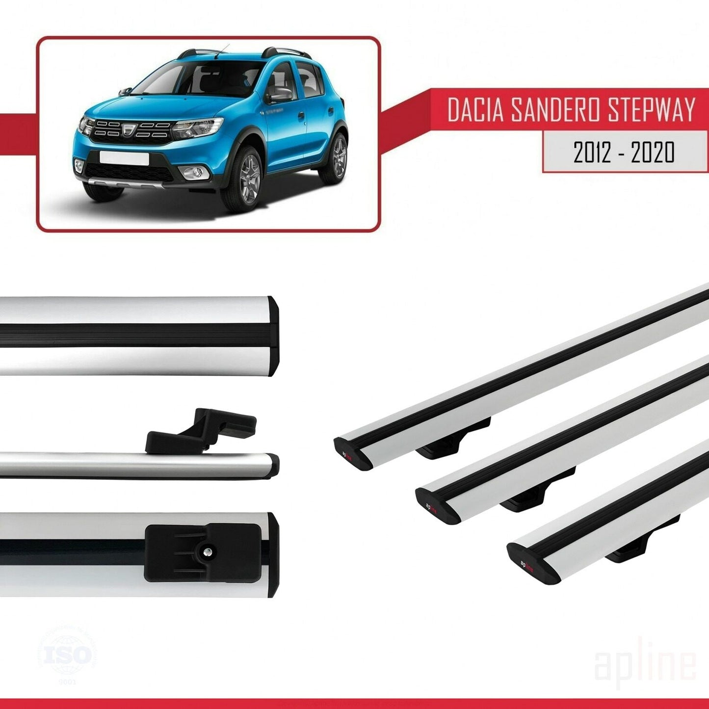 BASIC Model Dakdrager bagagedrager compatibel met Dacia Sandero Stepway 2 2012-2020 Spoorstaven Grijs Aluminium 3 Staven