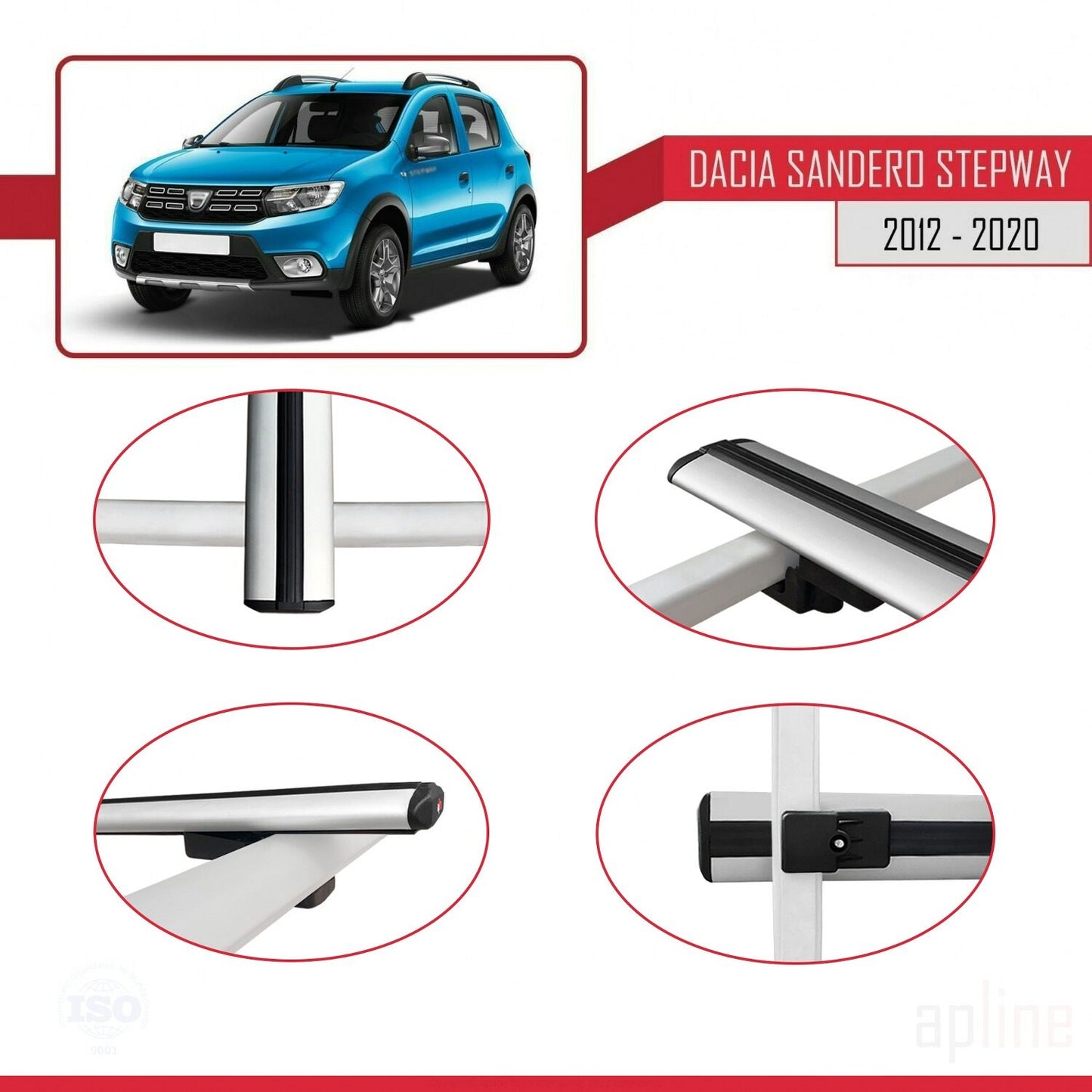 BASIC Model Dakdrager bagagedrager compatibel met Dacia Sandero Stepway 2 2012-2020 Spoorstaven Grijs Aluminium 3 Staven