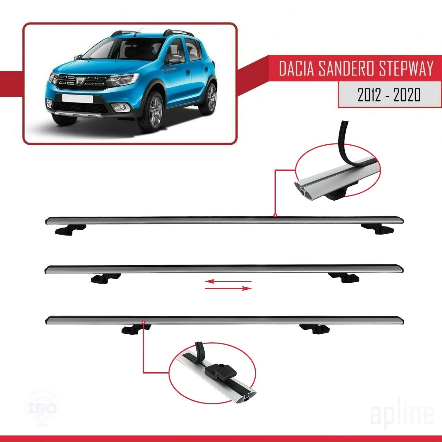 BASIC Model Dakdrager bagagedrager compatibel met Dacia Sandero Stepway 2 2012-2020 Spoorstaven Grijs Aluminium 3 Staven