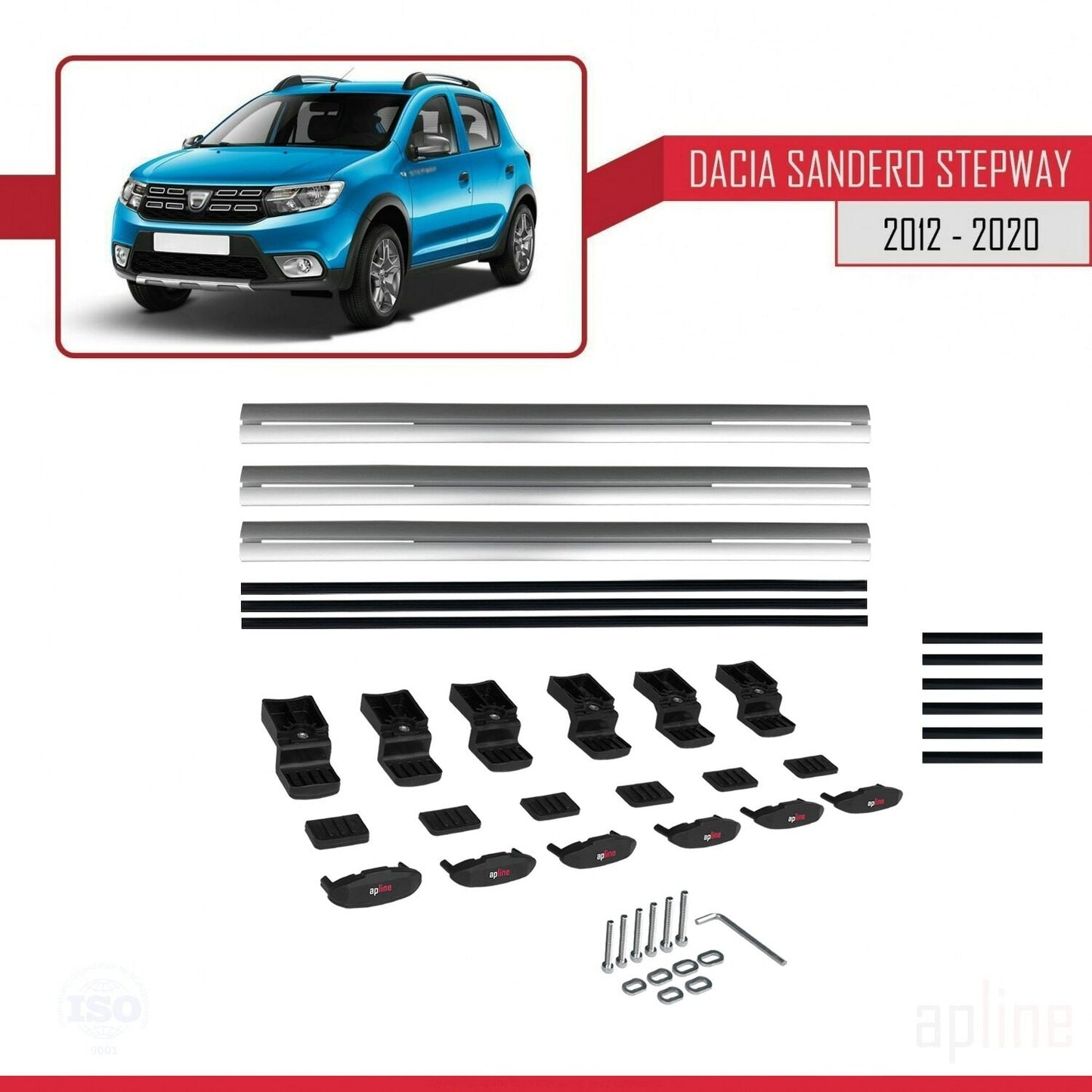 BASIC Model Dakdrager bagagedrager compatibel met Dacia Sandero Stepway 2 2012-2020 Spoorstaven Grijs Aluminium 3 Staven