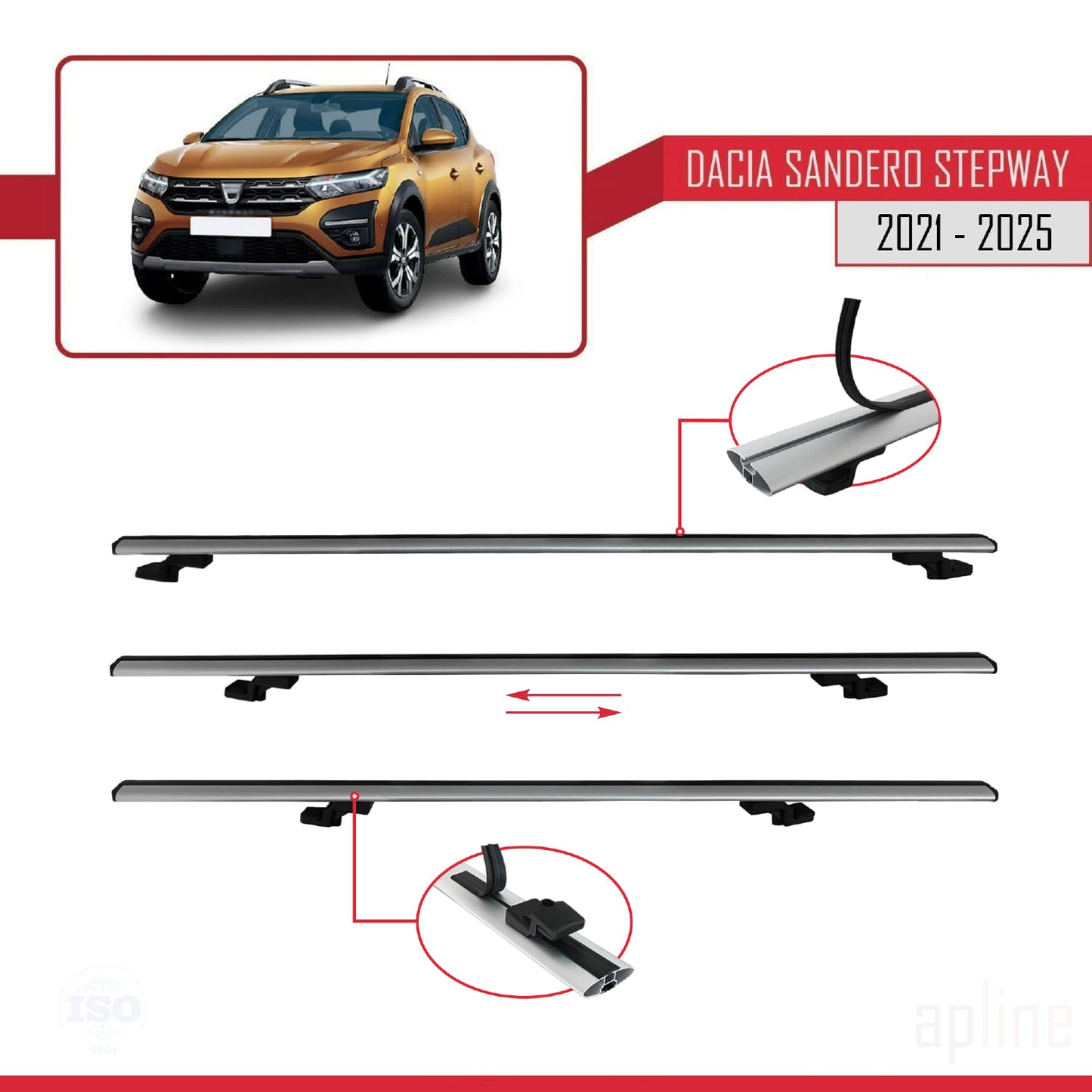 Compatible avec Dacia Sandero Stepway 3 2021-2025 BASIC Model Barres de Toit Railing Porte-Bagages de Voiture Gris Aluminium 3 Barres